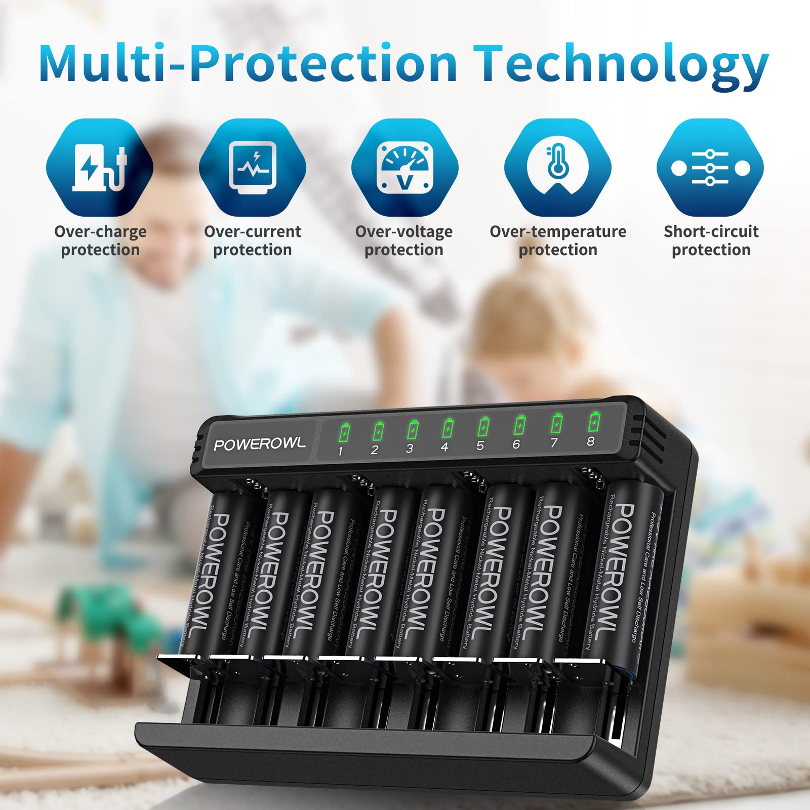 POWEROWL 8Pcs AA Rechargeable Batteries with Charger - Universal Fast Charging for AA AAA C D Batteries, USB-C & Micro USB Ports - Perfect for Cameras, Toys, Flashlights & Electronics