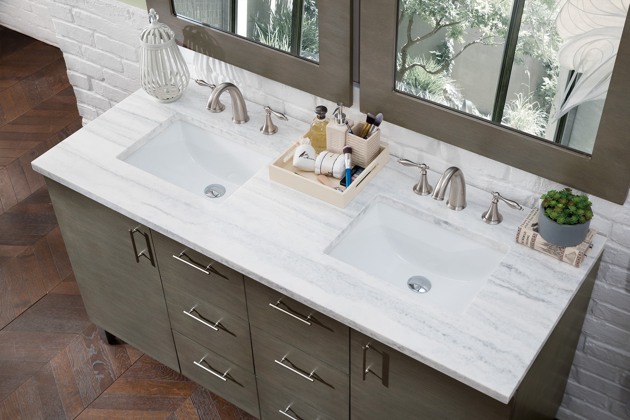 Metropolitan 60 Silver Oak Double Vanity with 3CM Arctic Fall Solid Surface Top - Modern Bathroom Vanity for Master Bath & Guest Bath Renovation