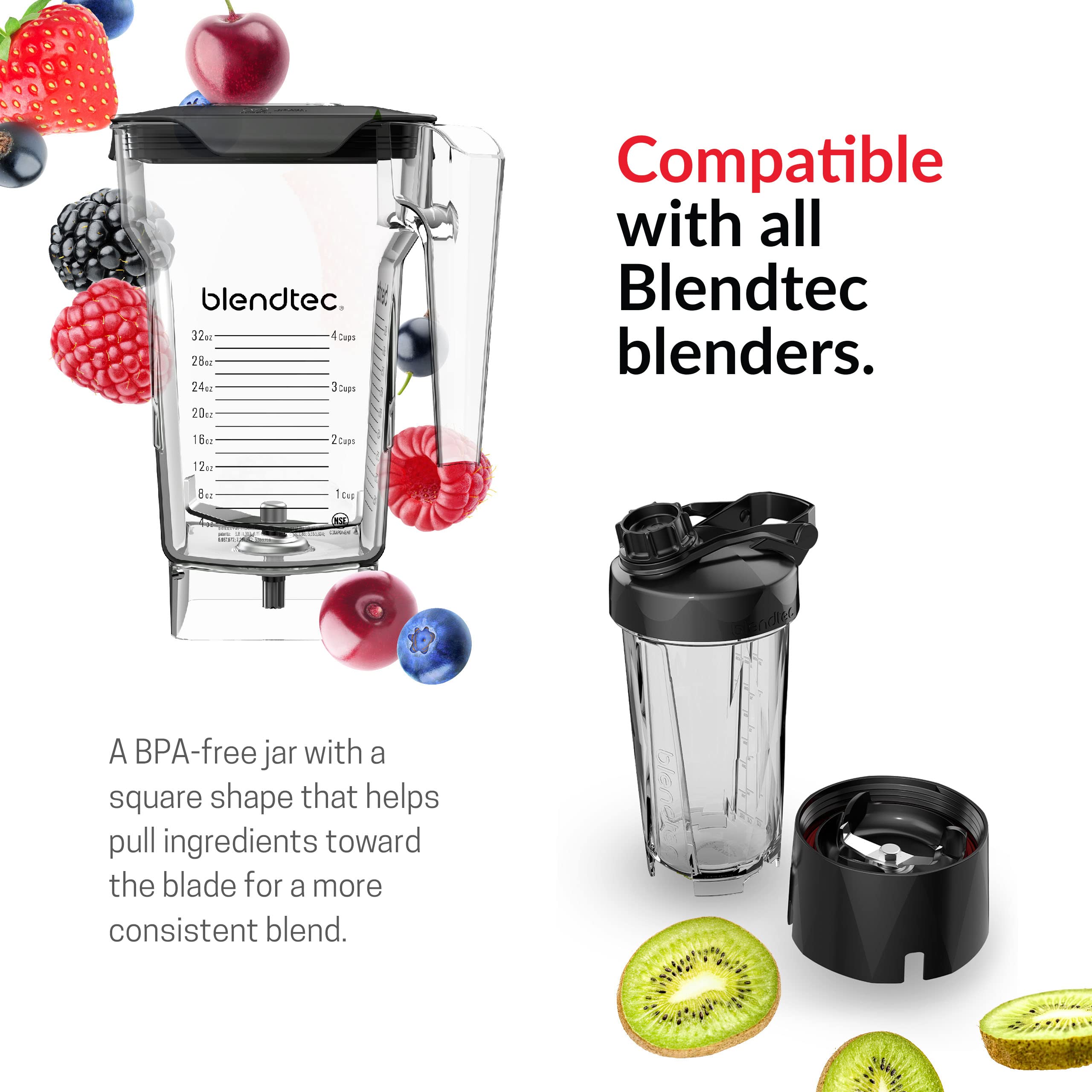 Blendtec 75 oz FourSide Jar - 4-Sided Blender Pitcher Compatible with Most Blendtec Blenders - 32 oz Blending Capacity - Clear BPA-Free Container - Perfect for Smoothies, Soups & Nut Butters