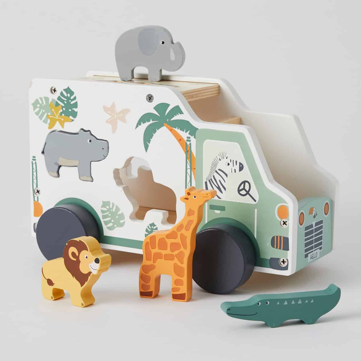 Wooden Jungle Animals Safari Truck Toy Set - 12-Piece Wild Animal Figurines with Pull-Back Truck for Kids - Perfect for Safari-Themed Playtime, Birthday Gifts & Preschool Learning Activities