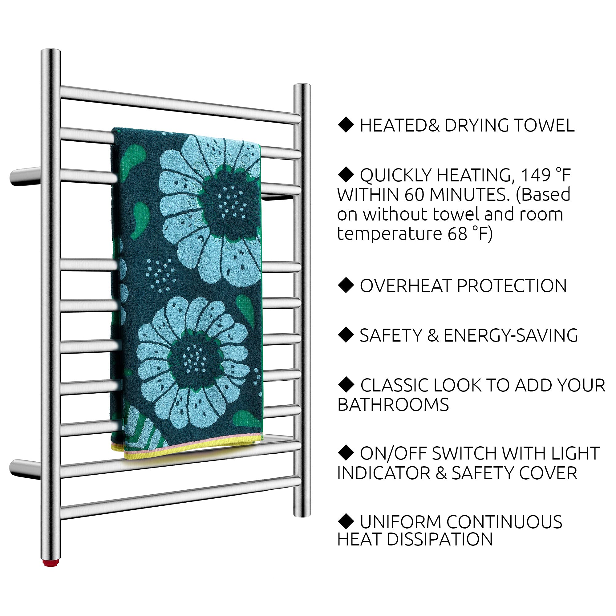 HEATGENE Compact Electric Towel Warmer - Wall Mounted Plug-in or Hardwired Towel Rack for Small Bathroom, Brushed Stainless Steel - Perfect for Spa, Luxury Hotels & Cozy Home Bathrooms