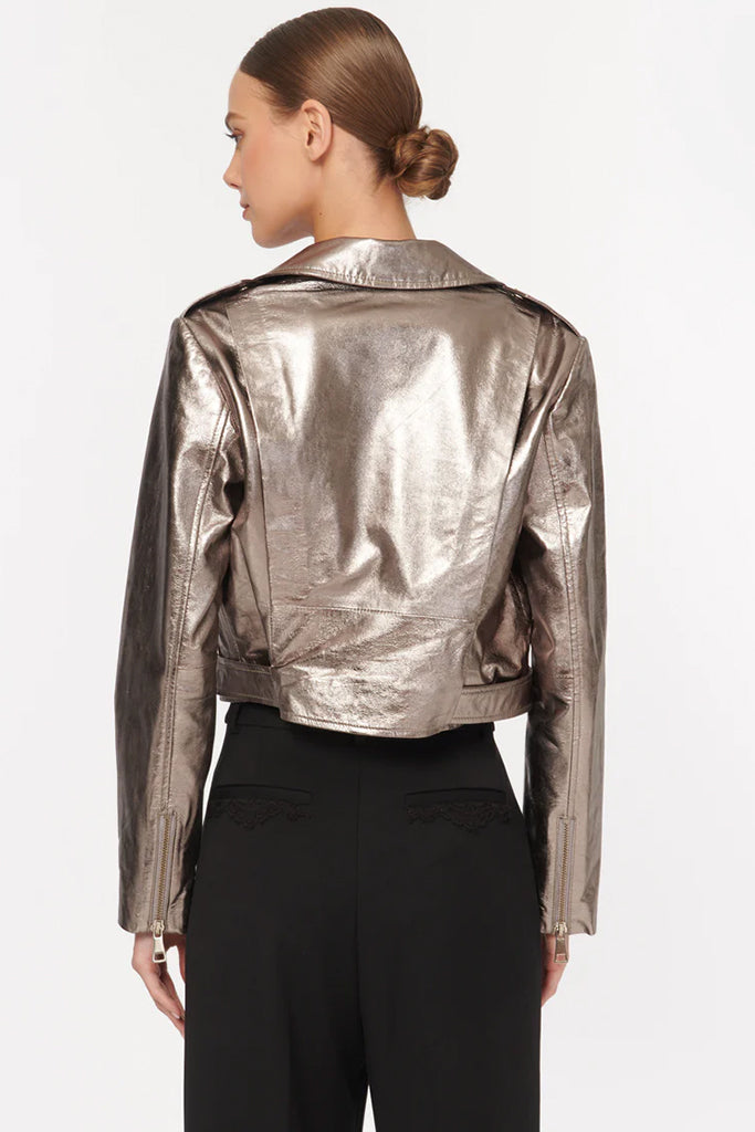 Cami NYC Kali Lamb Leather Jacket in Metallic Fog - Stylish Women's Faux Leather Moto Jacket for Fall & Winter Fashion, Night Out, and Casual Wear