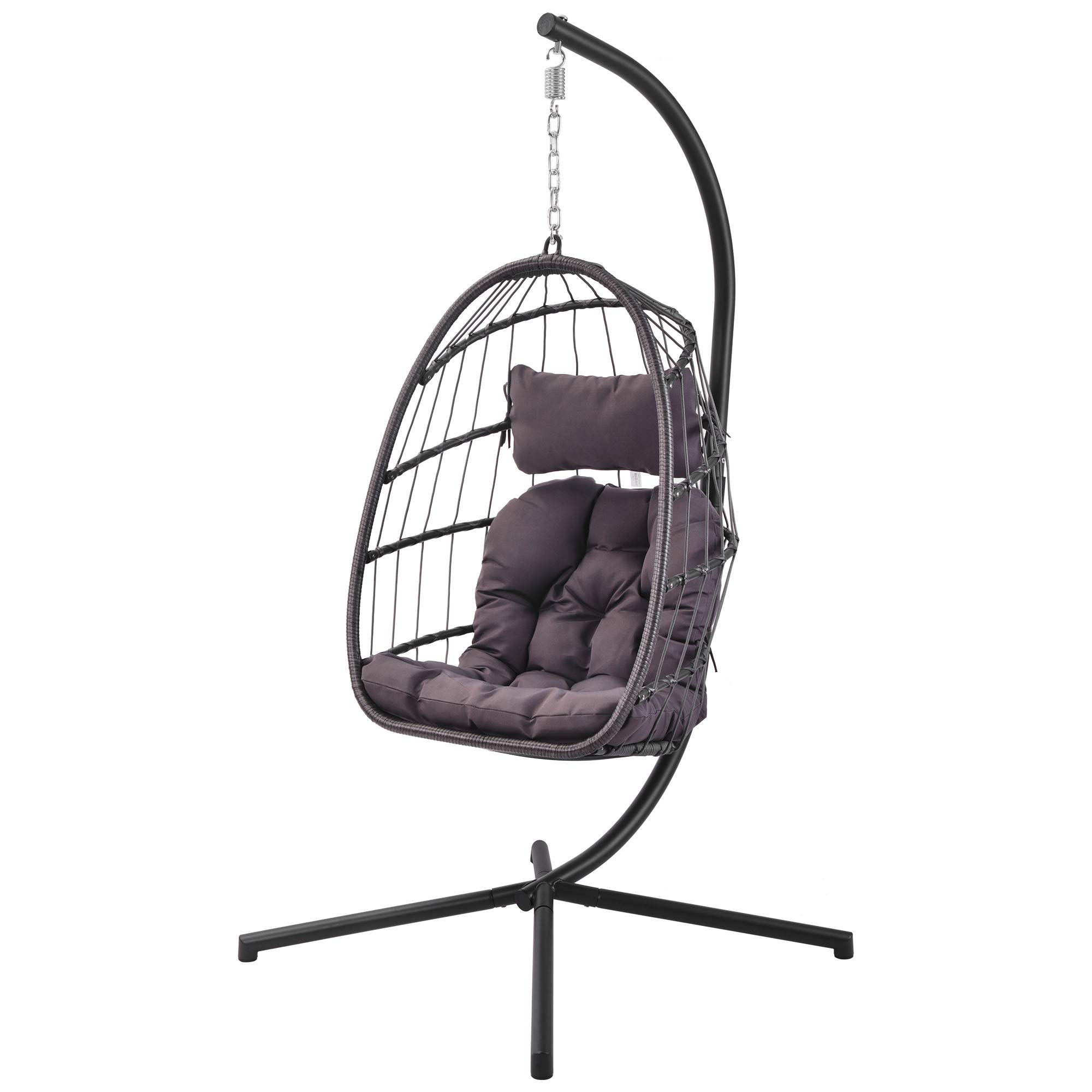 Dark Grey Aluminum Frame Patio Swing Chair - Wicker Hanging Egg Chair with UV-Resistant Brown Cushion & Pillow - Outdoor Garden, Balcony, Porch Relaxation Furniture