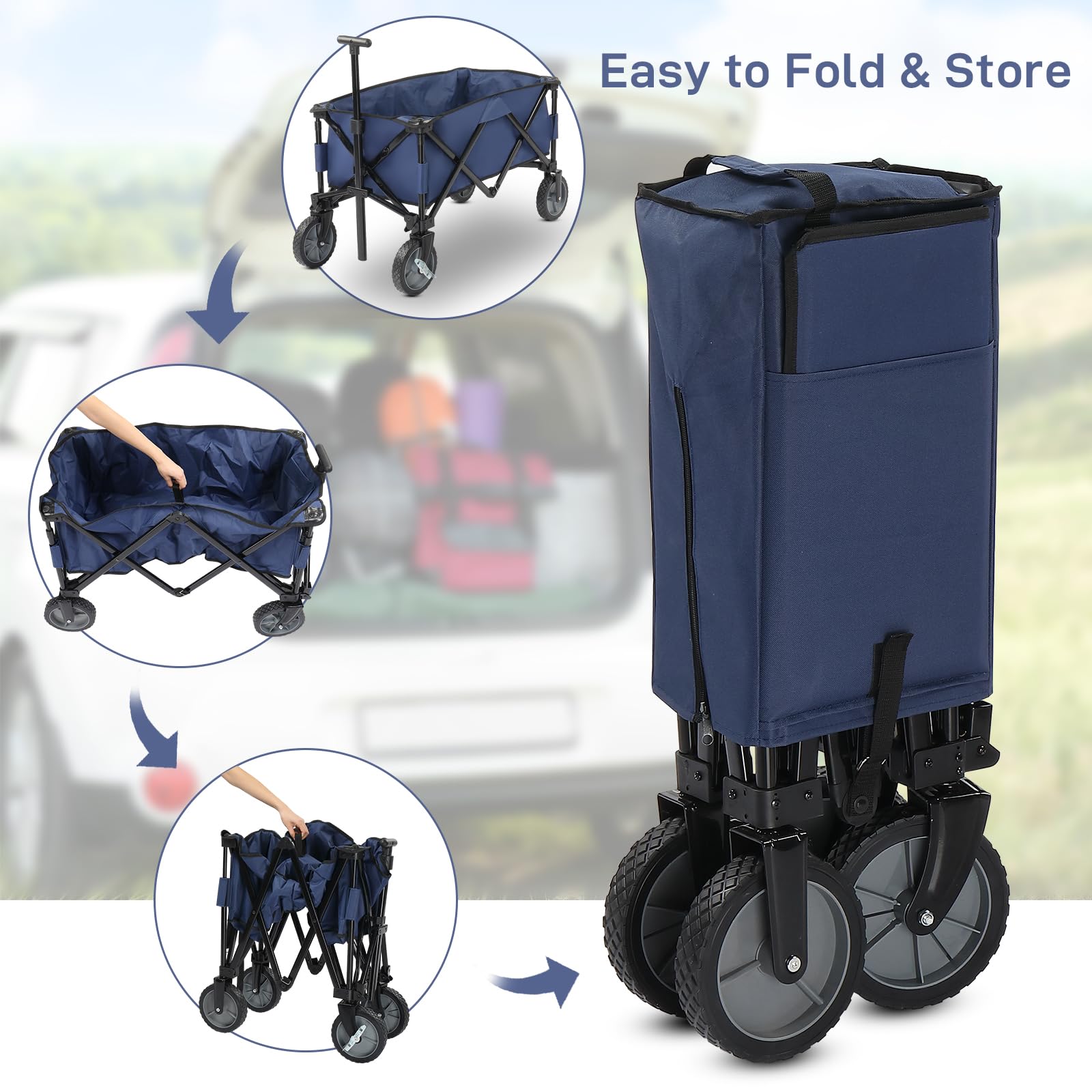 VINGLI Portable Collapsible Utility Wagon - Heavy Duty Folding Garden Cart with Steel Frame & Compact Wheels for Outdoor, Beach, Camping, Shopping | Perfect for Picnics, Groceries, and Sports Equipment Transport (Blue)