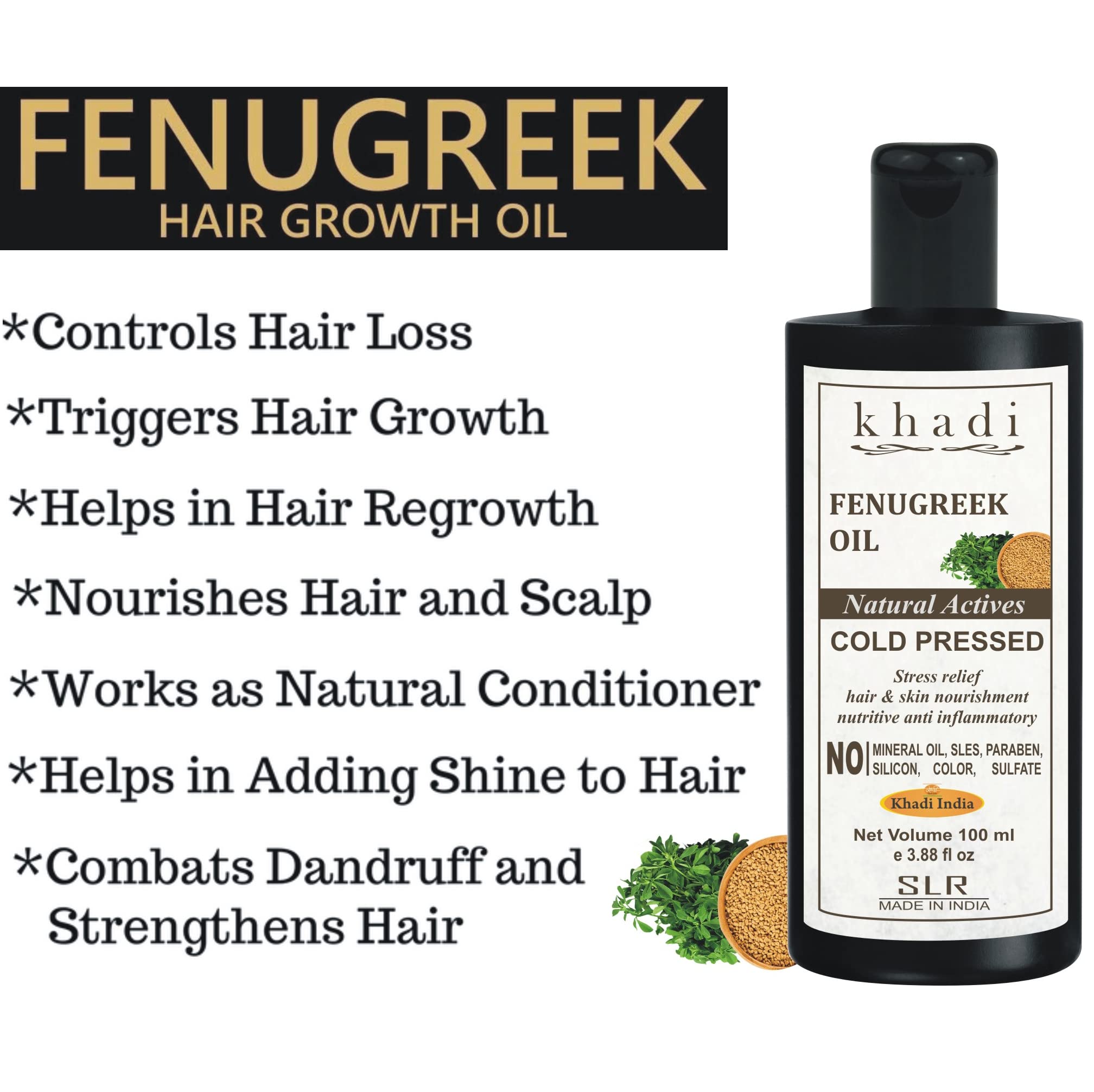 SLR Khadi Fenugreek Oil 100ml - 100% Pure Cold Pressed Hair Growth Oil for Dry Scalp & Hair Loss Treatment | Ayurvedic Body Massage Oil for Skin Care & Relaxation | Perfect for Daily Hair Care Routine, Aromatherapy & Home Spa Treatments
