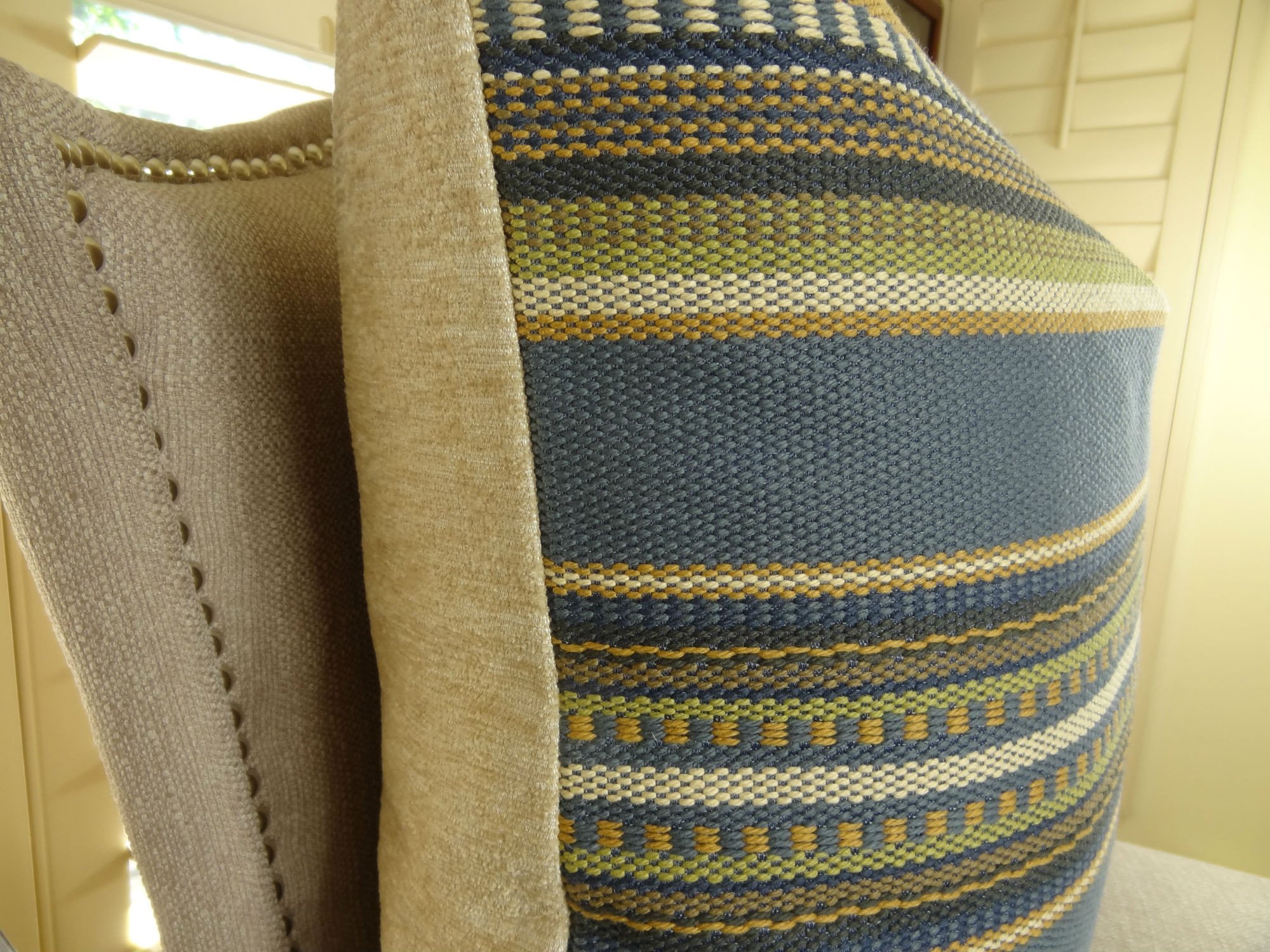 Handmade Designer Decorative Stripe Pillow - Blue Green Tan Cream & Indigo Blue Stripes - Chic Couch Pillow for Living Room, Bedroom, or Nursery Decor | Made in USA