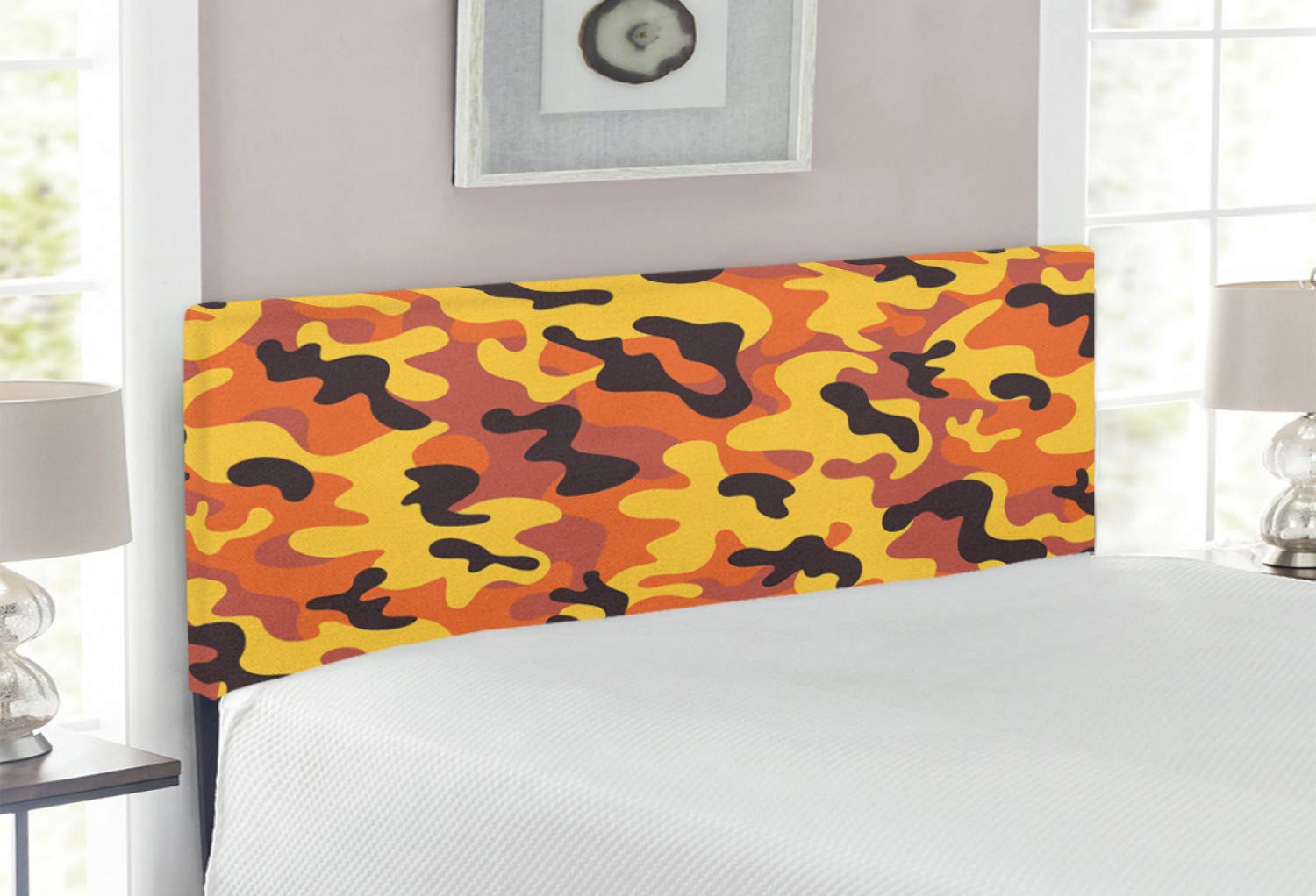 Ambesonne Camouflage Headboard - Full Size Upholstered Metal Bed Frame with Memory Foam, Retro Style Camo Print in Yellow Orange & Dried Rose Colors - Perfect for Modern Bedroom Decor & Teen Room Design