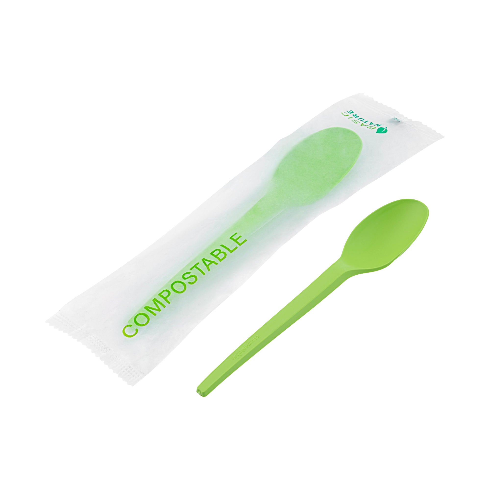 Eco-Friendly Compostable CPLA Plastic Spoons - 250 Count, Heat Resistant, 6.5 Inch Disposable Cutlery for Parties, Picnics & Catering - Basic Nature Green Biodegradable Spoons with Wrapper