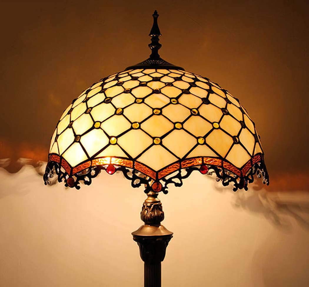 Tiffany Style Floor Lamp - 2-Light Table & Desk Standing Lighting with Stained Glass Shade, 16-Inch Height, Foot Switch, 110-240V, E27 Bulb - Perfect for Living Room, Bedroom & Office Decor