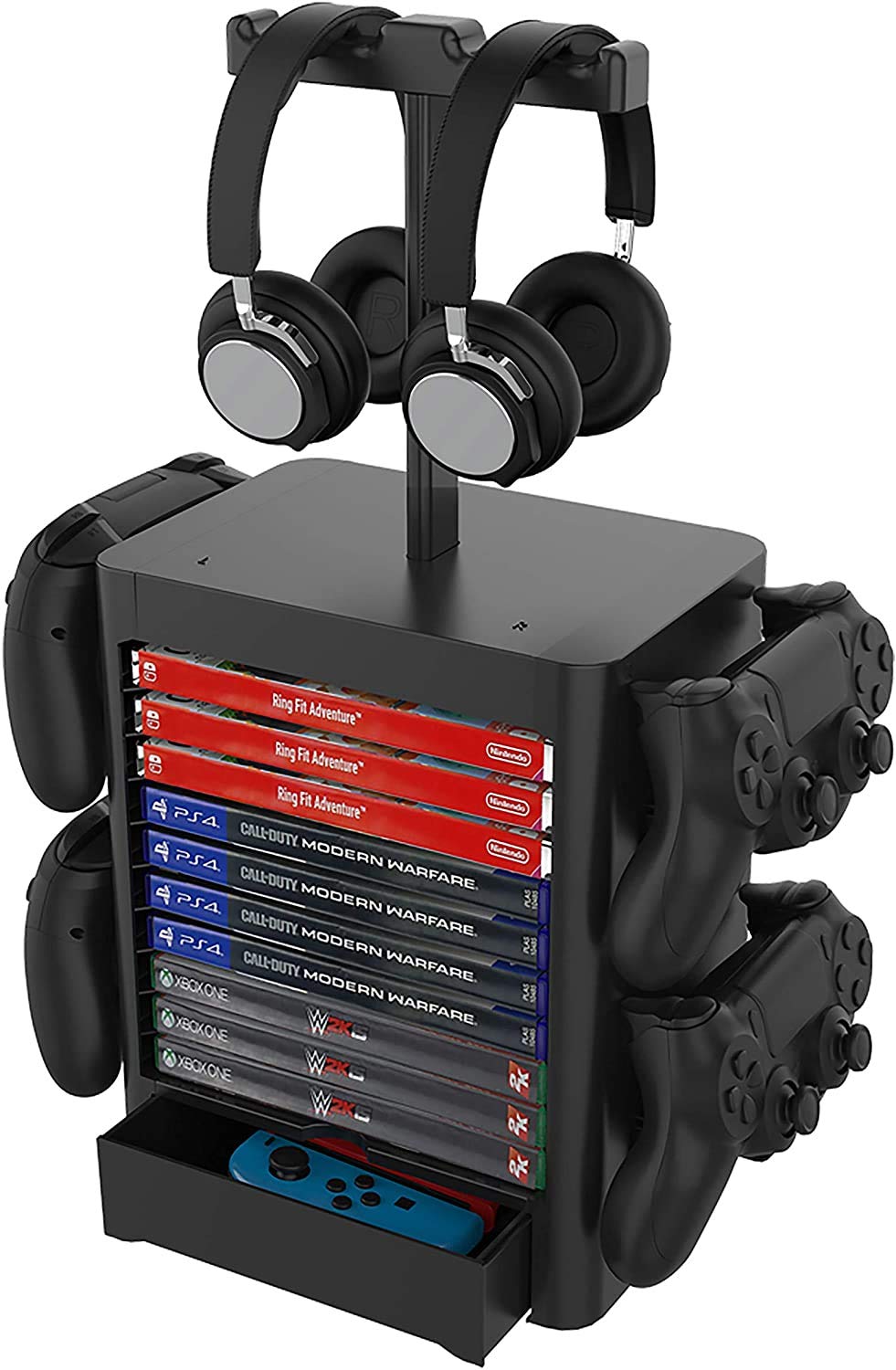 PS5 Stand with Storage Tower - Holds 10 Game Discs, 4 Controllers & 2 Headsets - Multi-Functional Organizer for PS5, PS4 & XBOX Series - Perfect for Gaming Setup & Accessories Storage