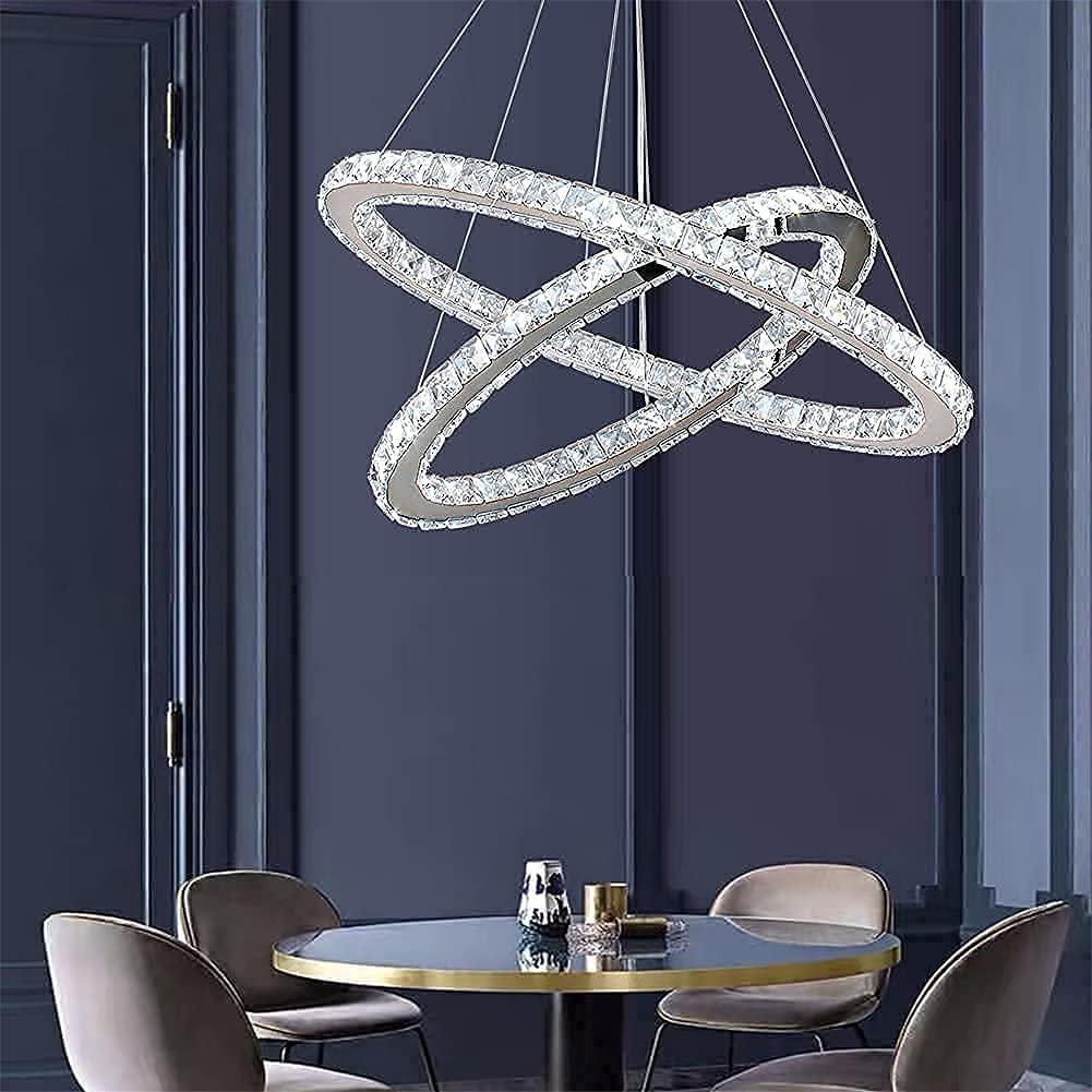 Modern Crystal Chandelier - 2-Tier Oval Pendant Light with Adjustable Height, 6000K Cool White (19.7