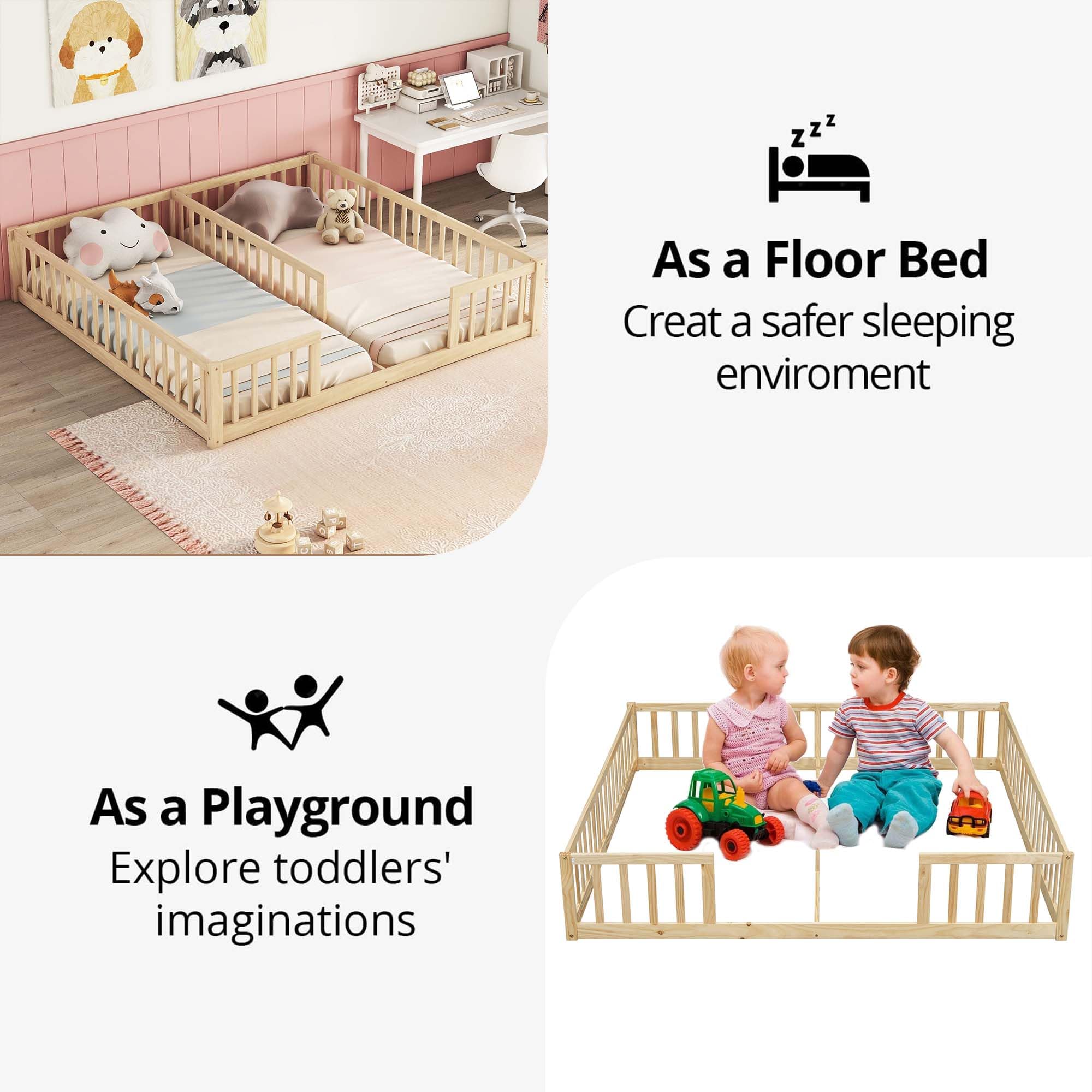 Montessori Floor Bed for 2 Kids - Wooden Twin Bed Frame with Safety Railings for Boys & Girls - Natural Solid Wood - Perfect for Shared Kids' Rooms & Montessori Learning Spaces