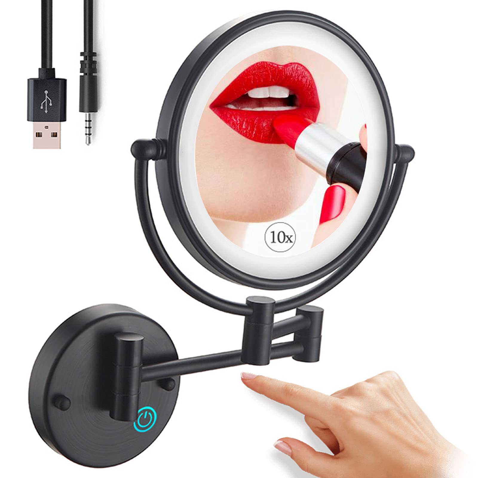 10X Magnification Wall Mounted Makeup Mirror - 8 Inch Double Sided Vanity Mirror with LED Lights, USB Rechargeable, Matte Black - Perfect for Makeup Application, Skincare Routine & Grooming - Ideal Gift for Women & Girls