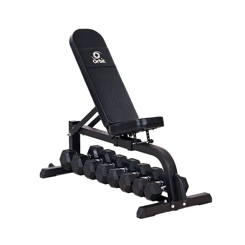 Orbit Bench OBB1001A with 3 Pairs of Rubber Hex Dumbbells - Adjustable Weight Bench for Home Gym, Strength Training & Full Body Workouts
