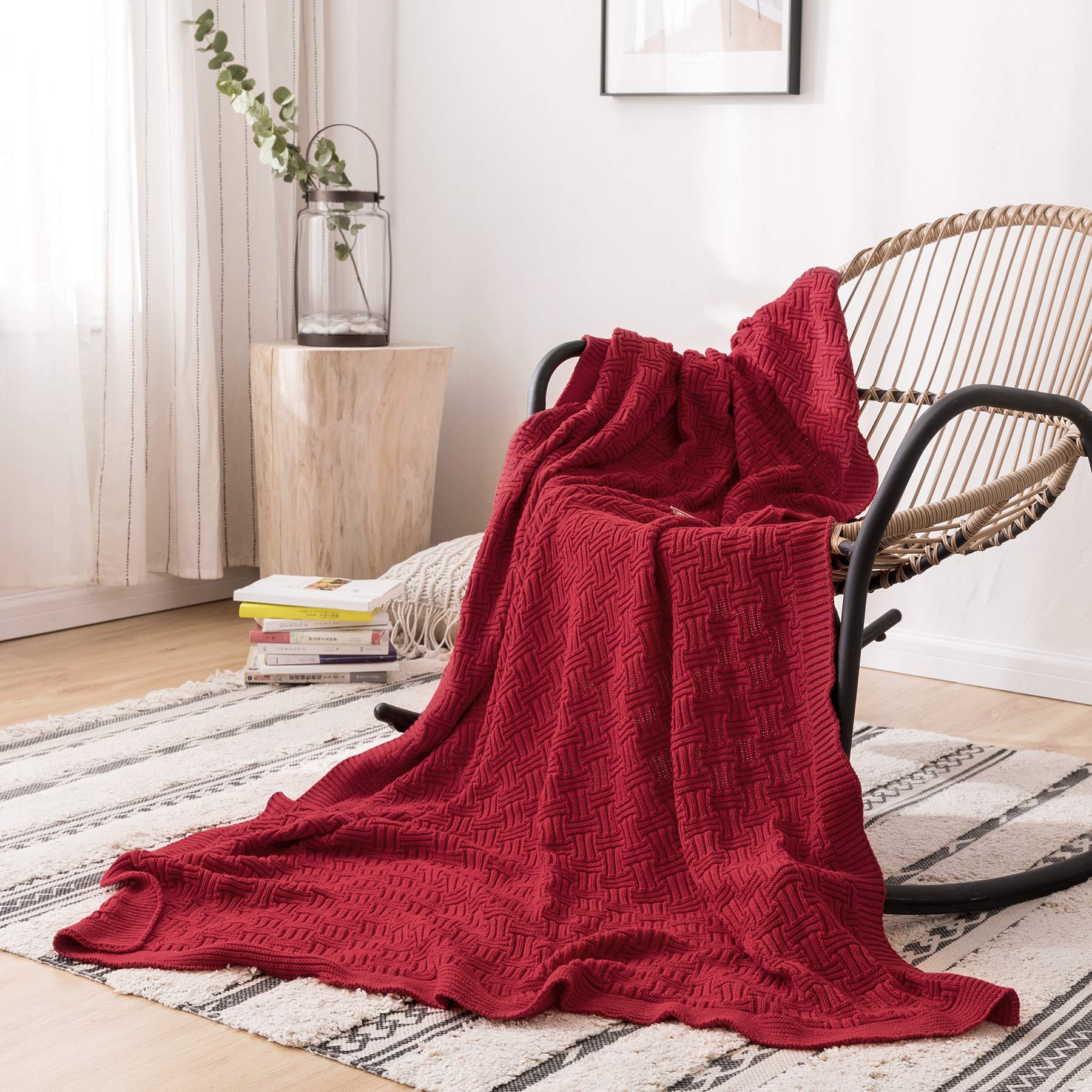 Soft Red Cable Knit Throw Blanket - 50x60 Inch Cotton Knitted Blanket for Couch, Sofa, Bed & Beach - Cozy Lightweight Decorative Blanket for Home, Travel & Outdoor Use