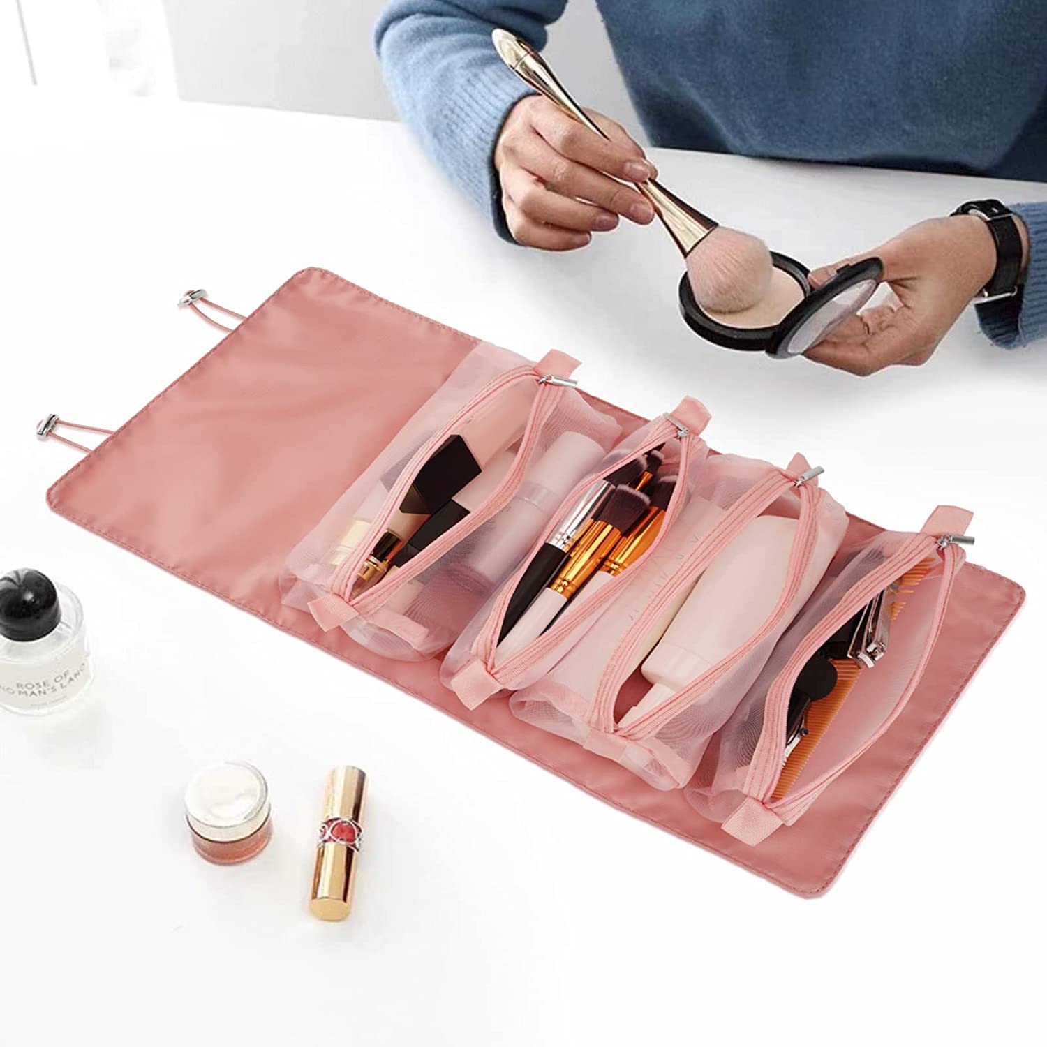 BIRZAR 4-in-1 Folding Travel Toiletry Bag & Makeup Organizer | Waterproof Cosmetic Pouch for Women | Portable Detachable Hanging Case | Perfect for Travel, Gym, and Daily Use