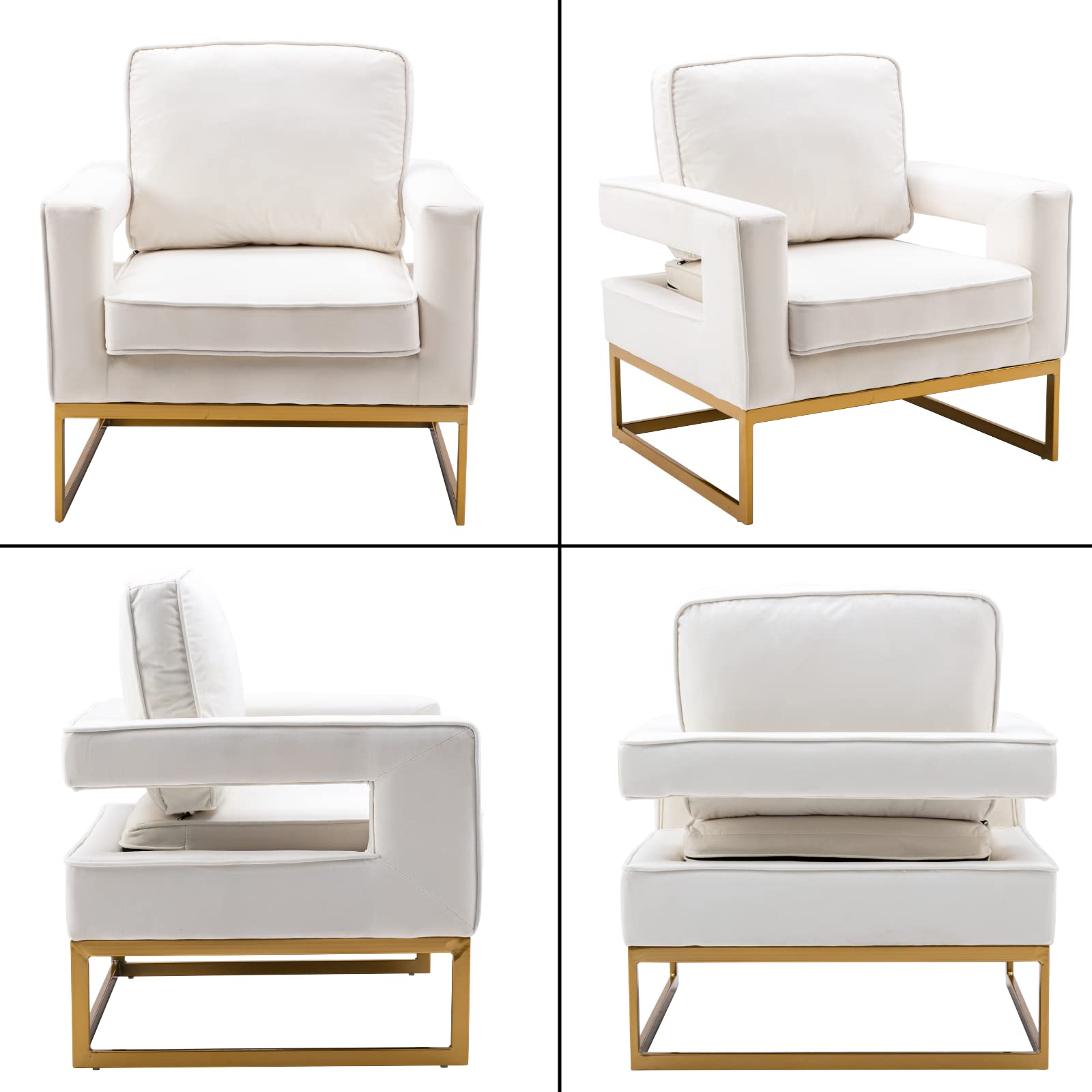 HEAH-YO Modern Velvet Accent Chair with Golden Metal Legs - Upholstered Armrest Living Room Chair, Small Comfy Side Chair for Bedroom in White - Perfect for Home Decor, Lounge Seating & Guest Room Furniture