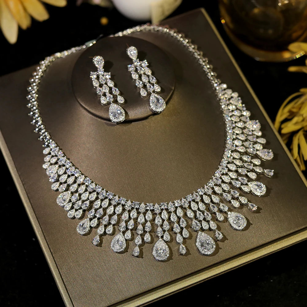 Luxury Water Drop Tassel Jewelry Set with White Cubic Zirconia - Elegant Bridal Necklace & Earrings for Weddings, Prom, Evening Gala & Special Occasions