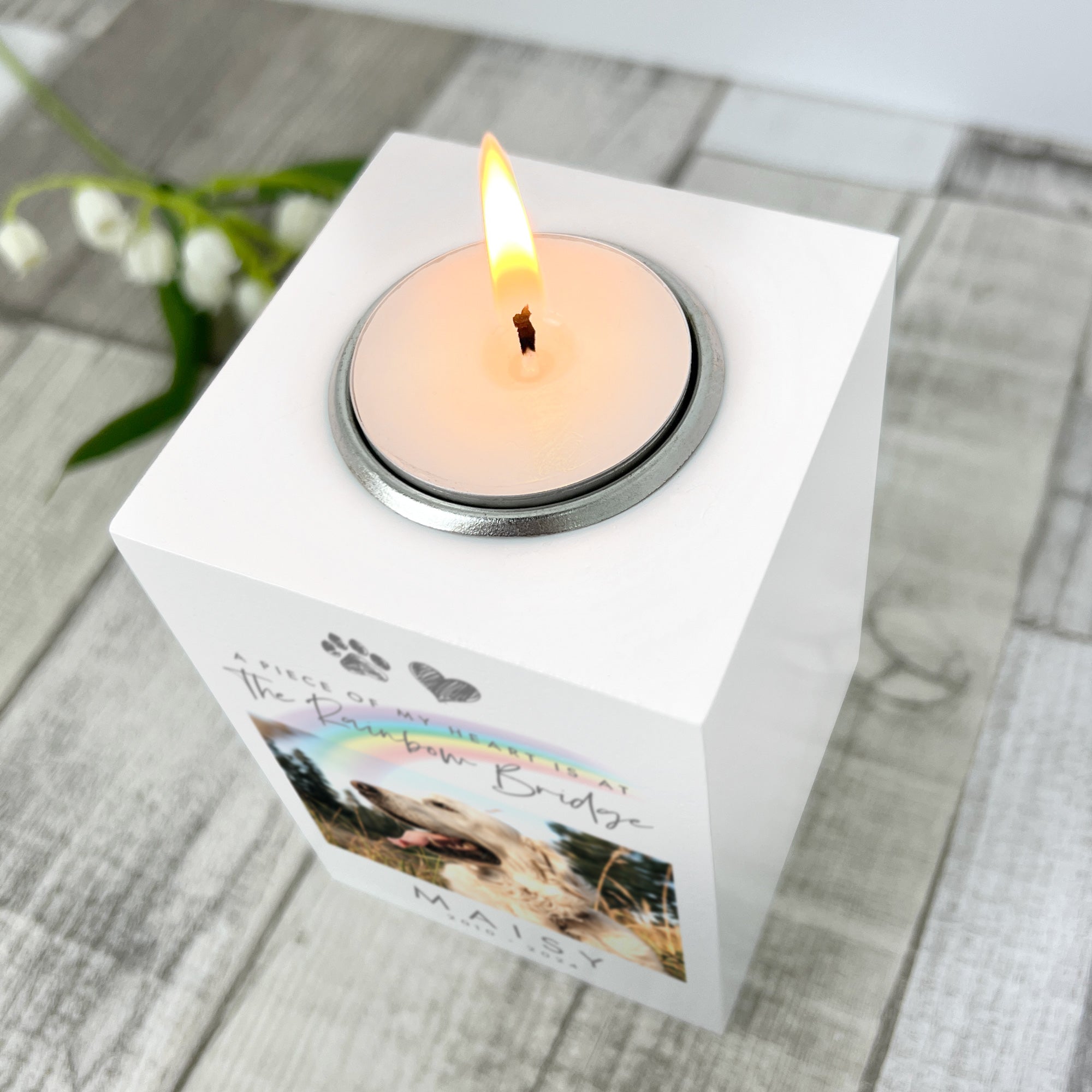 Personalized Pet Memorial Candle Holder - Rainbow Bridge Photo Keepsake for Dogs & Cats - White Ceramic Tea Light Holder for Pet Loss Remembrance & Memorial Gifts (Home Decor, Sympathy Gift)