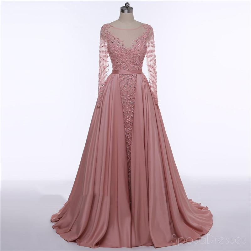 Elegant Long Sleeve Sheer Beaded Dusty Pink Evening Prom Dress - 2018 Popular Party Gown for Formal Events & Special Occasions