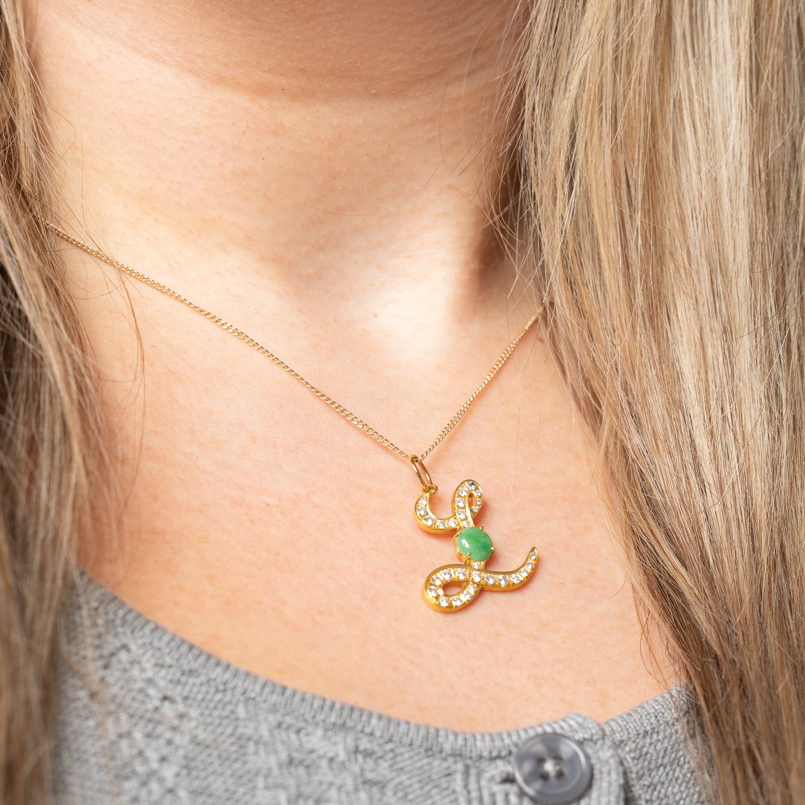 Exquisite Jadeite & Diamond Cursive 'L' Pendant | 0.80ct Natural Jadeite & 0.56ctw Diamonds | 14K Gold Necklace for Women | Elegant Gift for Birthday, Anniversary & Special Occasions