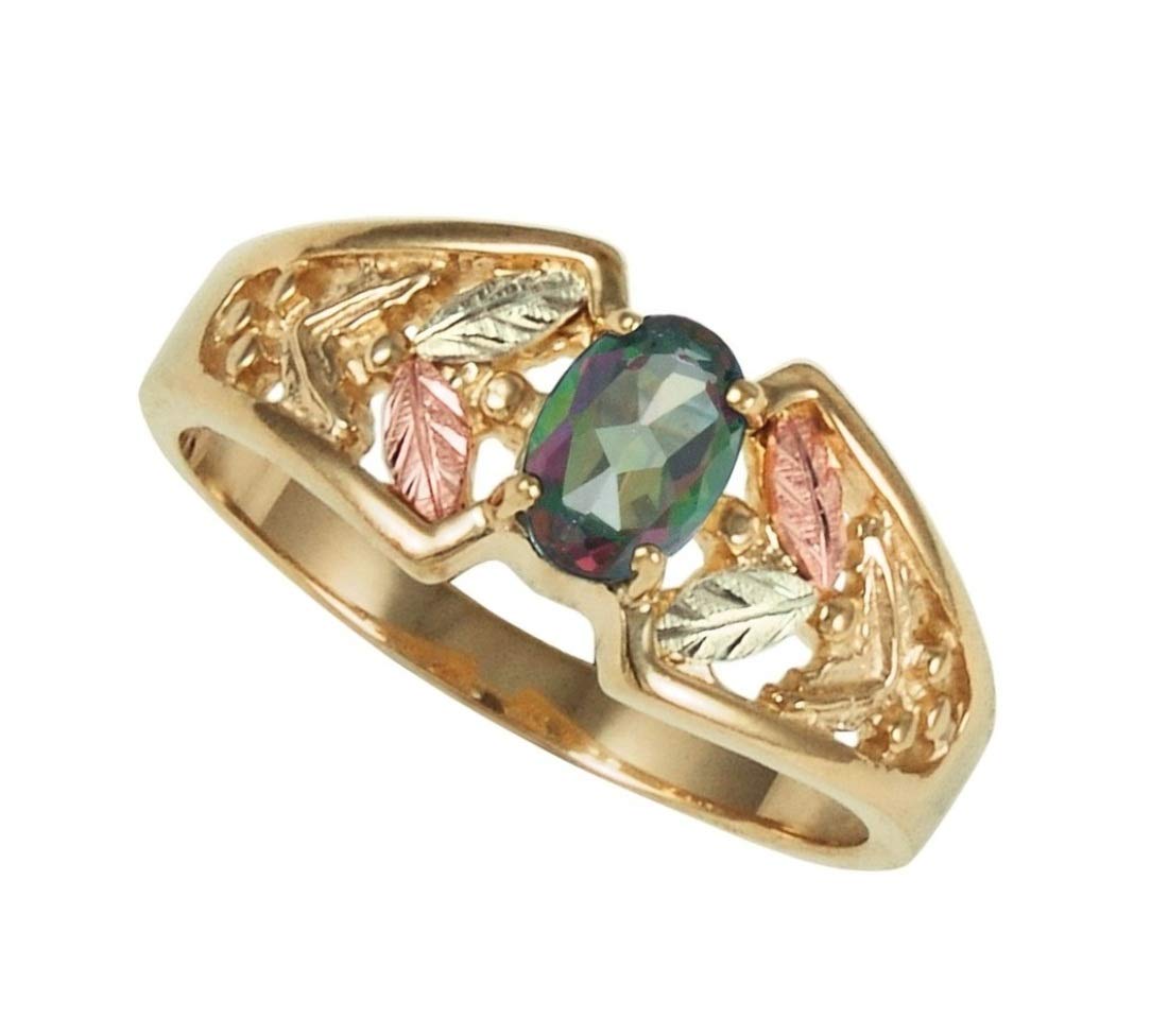 10K Yellow Gold Oval Mystic Fire Topaz Ring with 12K Green & Rose Gold Accents | Black Hills Gold Jewelry for Women | Perfect for Weddings, Anniversaries & Special Occasions