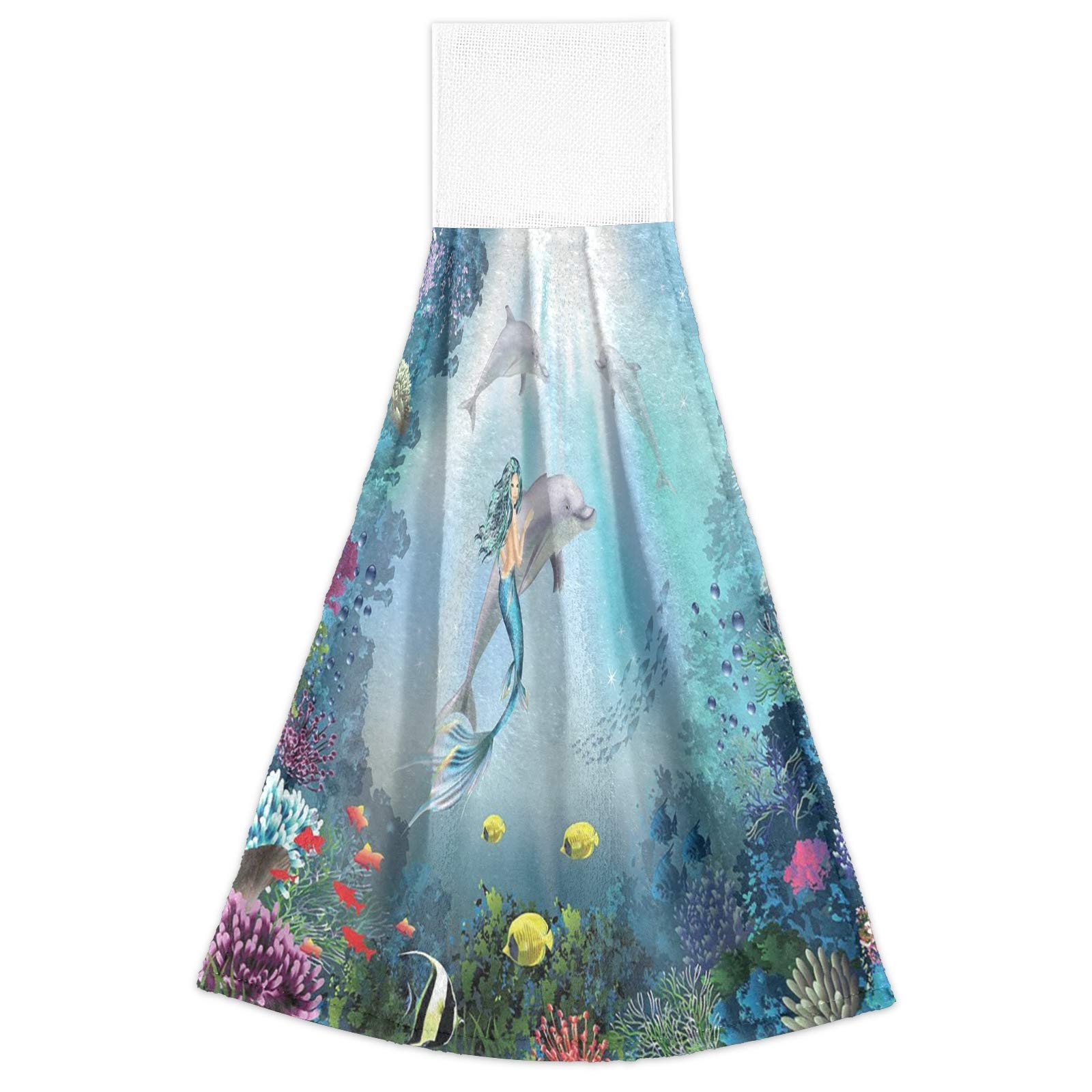 Dolphin & Mermaid Themed Kitchen Hand Towels Set of 2 - Absorbent Hanging Dishcloths with Loops for Kitchen, Bathroom, and Beach House Decor | Ocean Sealife Fish Design