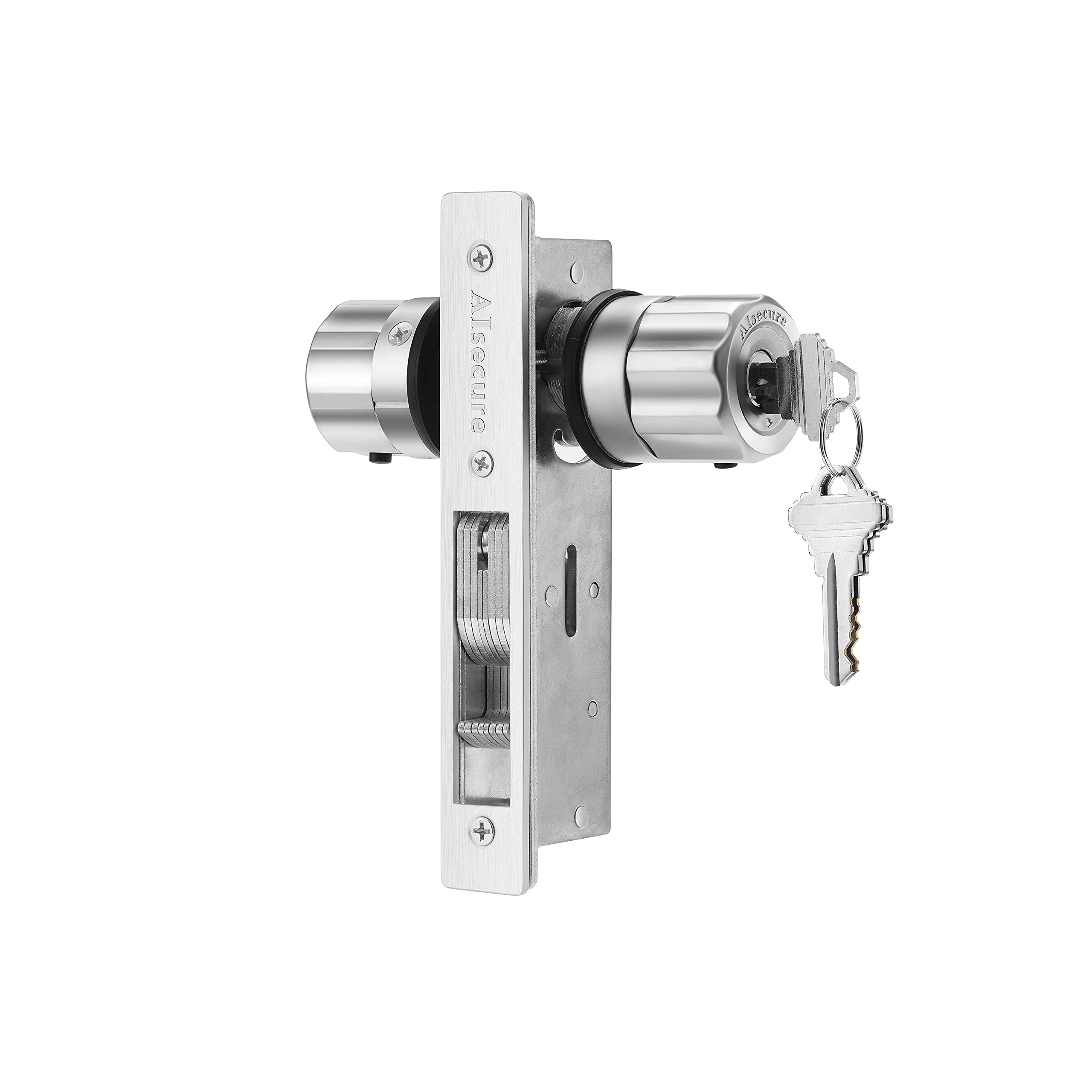 AIsecure Keyless Commercial Door Lock - Twist-to-Lock Storefront Security with Anti-Mislock Button & Inaccessible Bypass Tool | Mechanical Mortise Lock for Business Entrances (Silver, Hookbolt, 31/32
