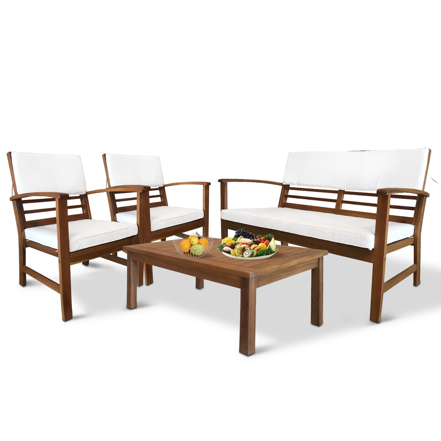 4-Piece Acacia Wood Patio Furniture Set with Cushions - Outdoor Bistro Table and Chairs for Balcony, Backyard, Poolside - Perfect for Relaxing, Entertaining & Dining Al Fresco