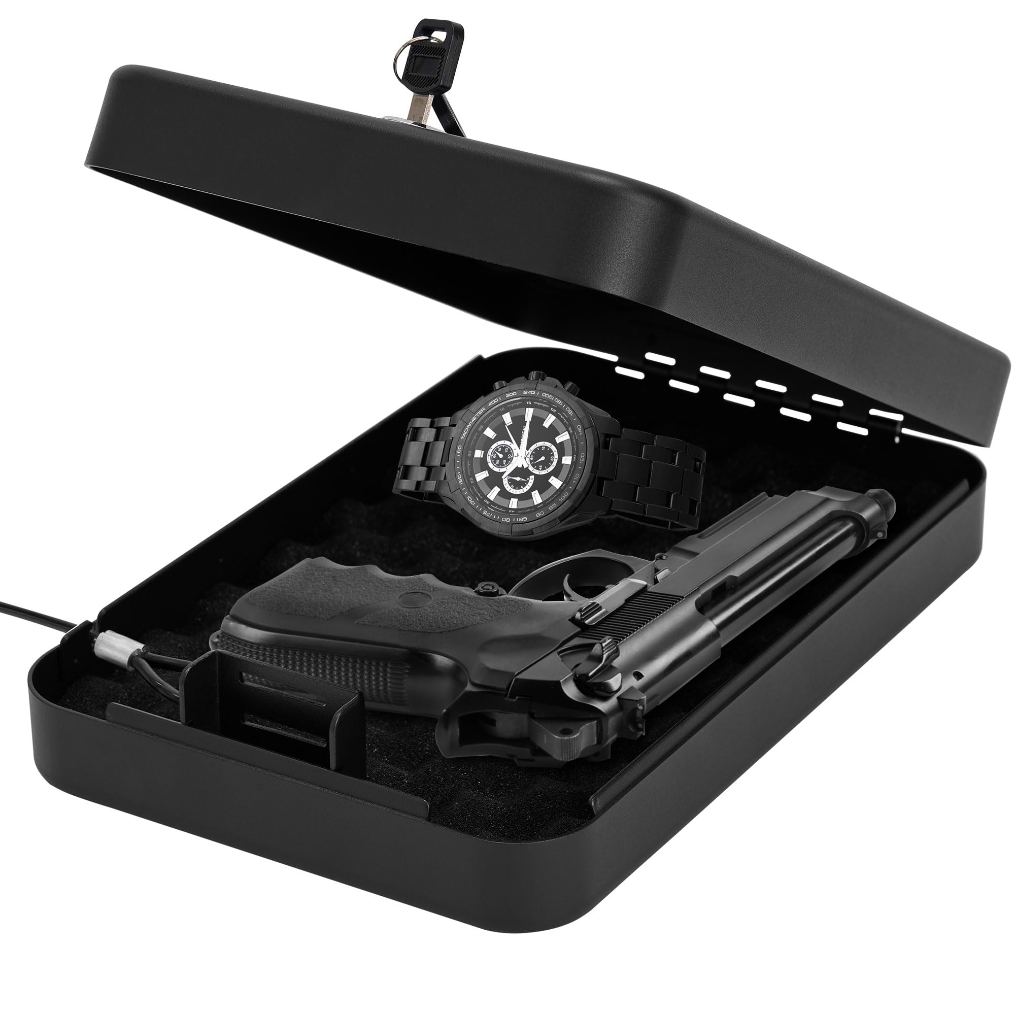 Secure Handgun Safe with Key Lock - Compact 9.4x6.6x1.8 Inch Portable Pistol Safe for Car, Home & Travel - Gun Storage Solution for Vehicle, Nightstand & Personal Protection - Black