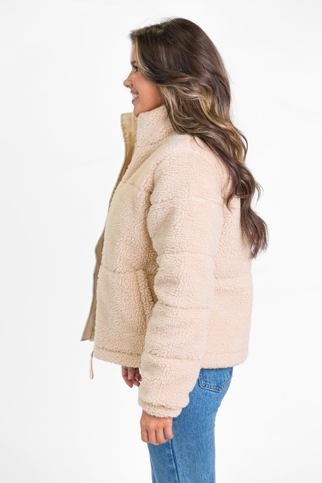 High Road Beige Sherpa Puffer Jacket for Women - Winter Warm Fleece Lined Coat - Cozy Outdoor Winter Jacket for Hiking, Skiing & Casual Wear | FINAL SALE