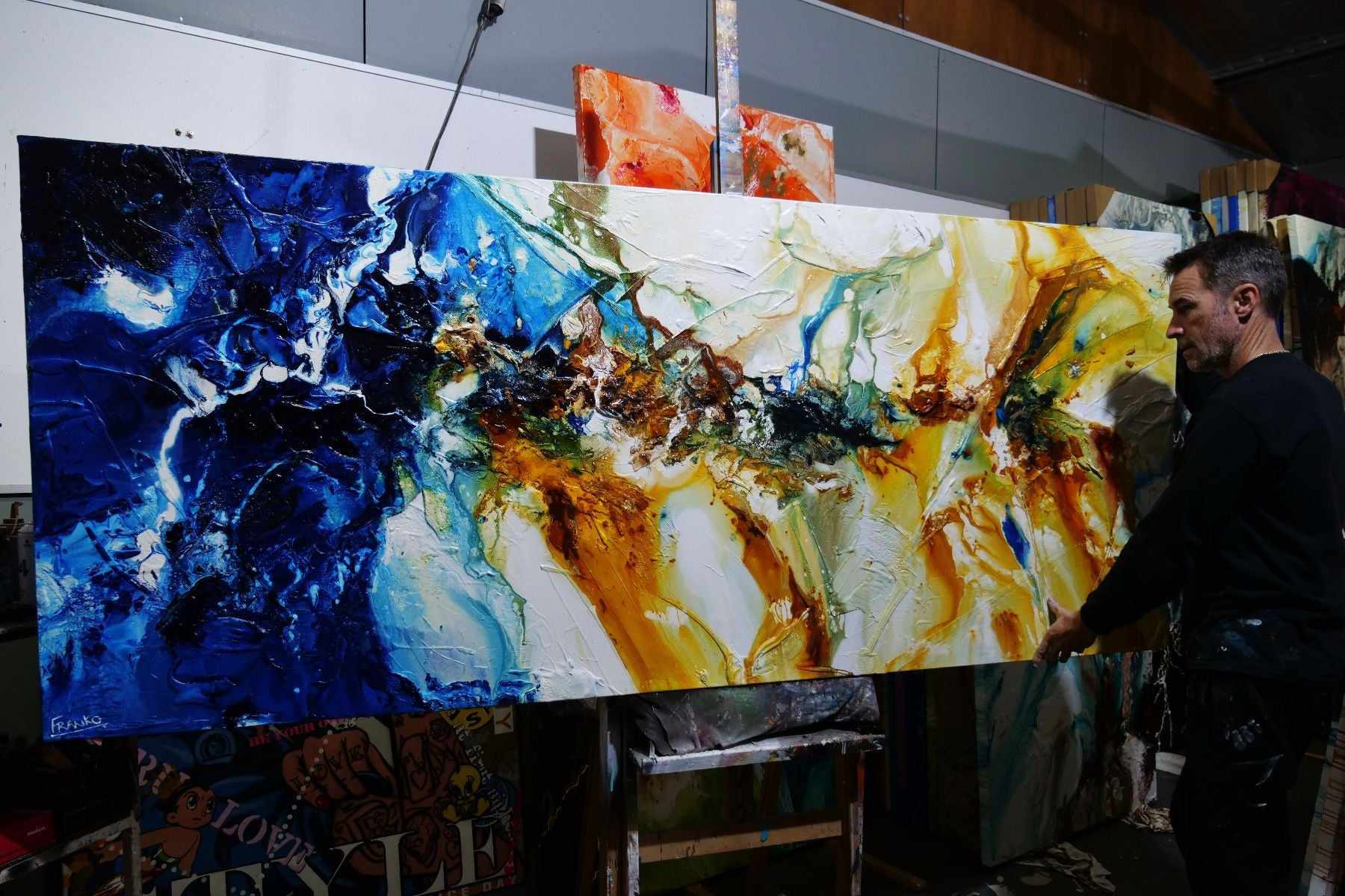 240cm x 100cm Blue Sienna Textured Abstract Canvas Painting - Sapphire Coast Collection - Modern Wall Art for Living Room, Bedroom & Office Decor
