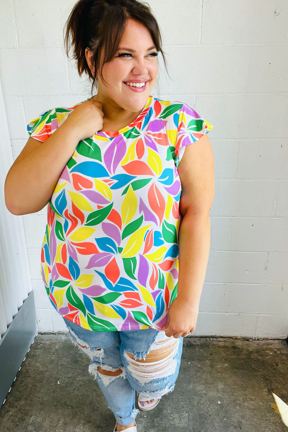 Playful Lavender & Yellow Floral Print Flutter Sleeve Blouse - Women's Boho Chic Summer Top for Date Night & Beach Vacations