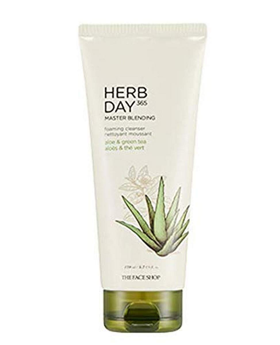 The Face Shop Herb Day 365 Master Blending Cleansing Foam with Aloe & Green Tea - Moisturizing Hydrating Face Wash for Dry & Sensitive Skin | Korean Skincare Cleanser | Gentle Daily Facial Cleanser for Men & Women | Perfect for Morning & Night Routine