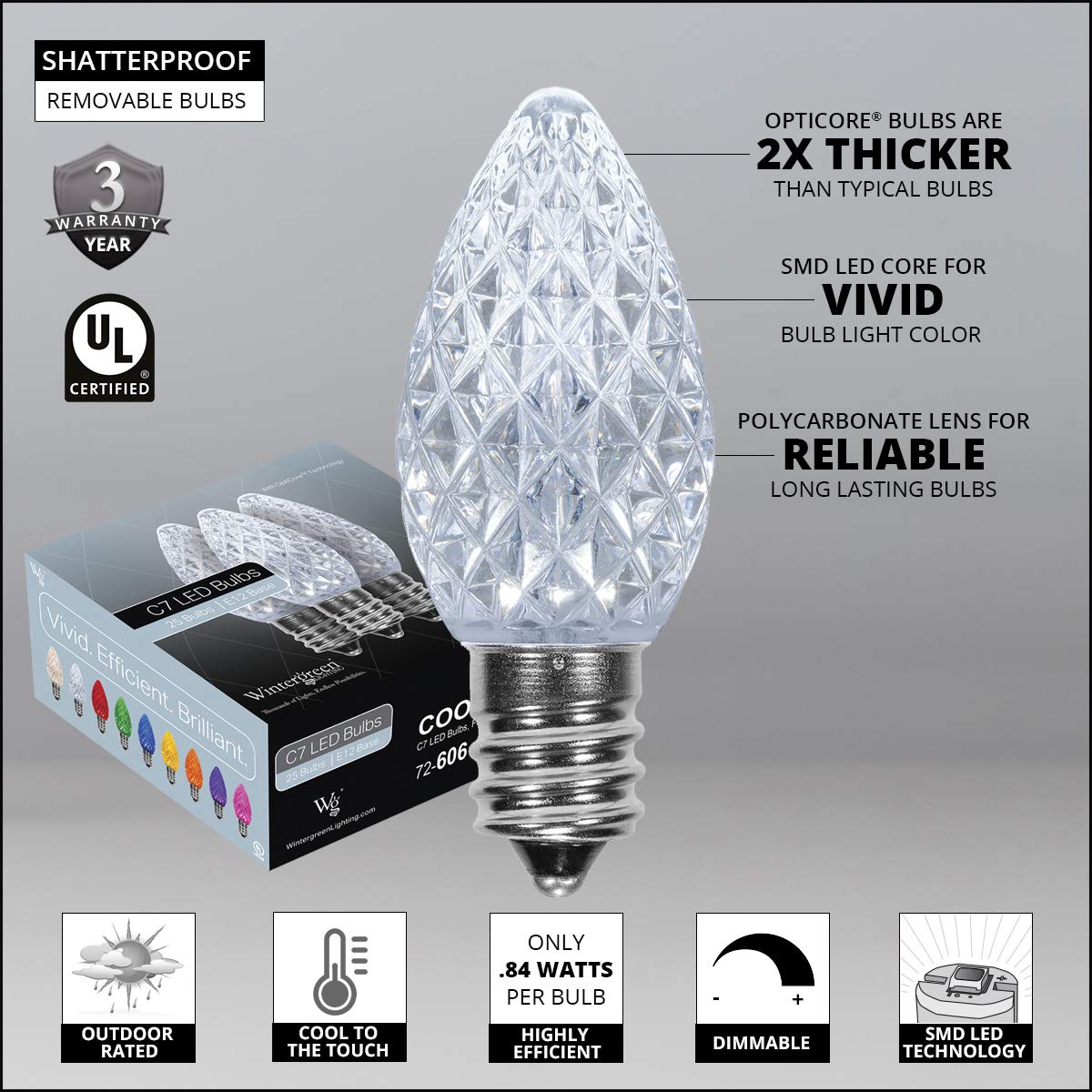 100' OptiCore LED C7 Cool White Commercial Pathway Christmas Lights - Outdoor Holiday Walkway Lighting with 7.5