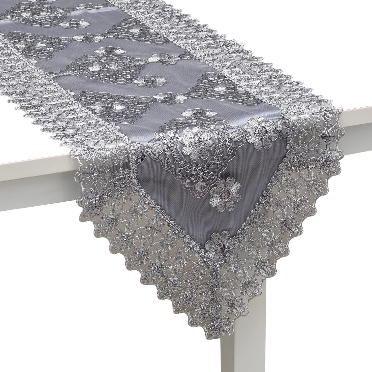 72 Inch Grey Farmhouse Table Runner - Embroidered Boho Style Polyester Dining Table Decor for Kitchen, Wedding, Birthday | Rustic Lace Tablecloth for Home Decor & Special Occasion Gifts