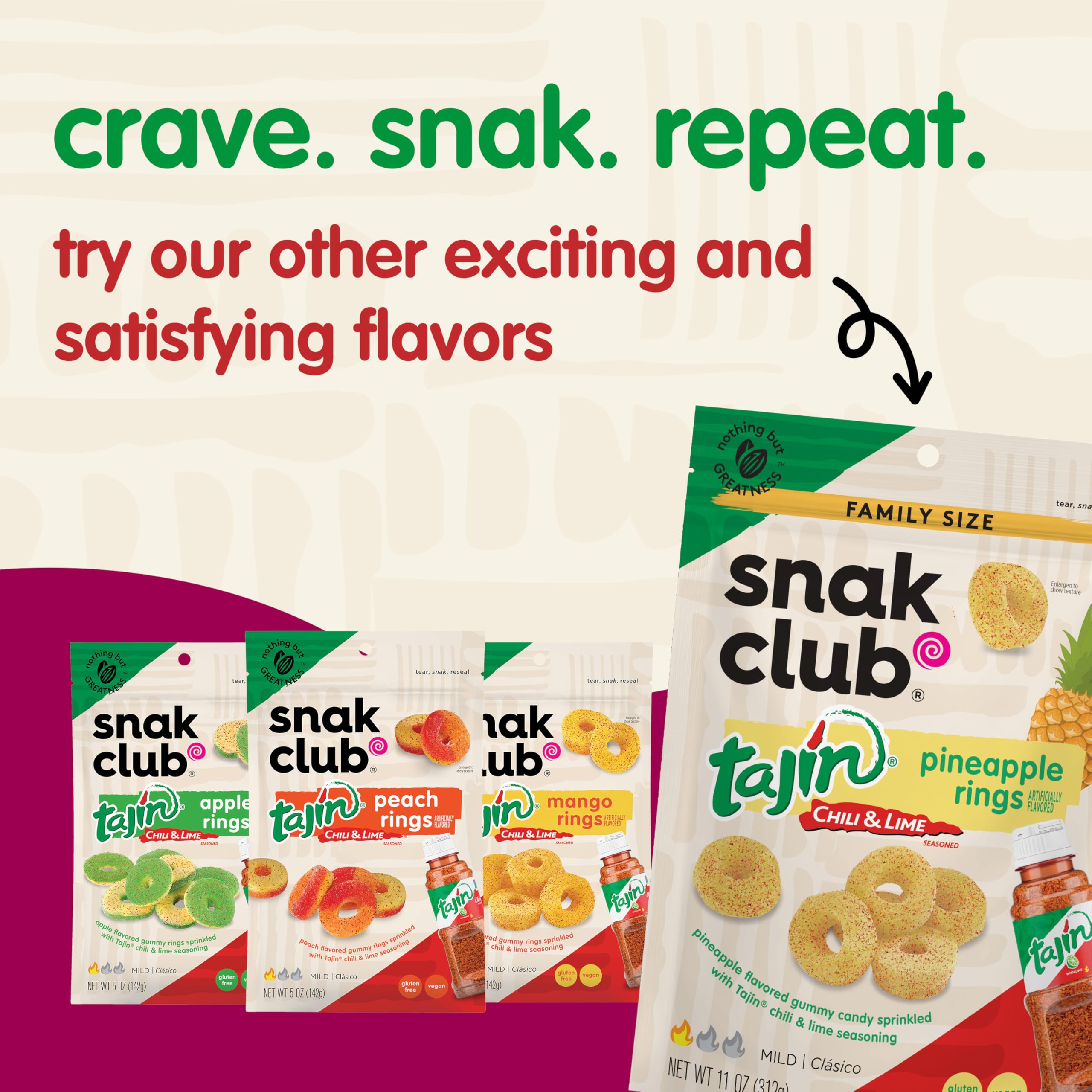 Snak Club Tajin Watermelon Rings Gummy Candy - Chili Lime Flavored Gluten-Free Vegan Snacks (12 Pack, 2.25oz Bags) | Perfect for Movie Nights, Road Trips & Party Favors