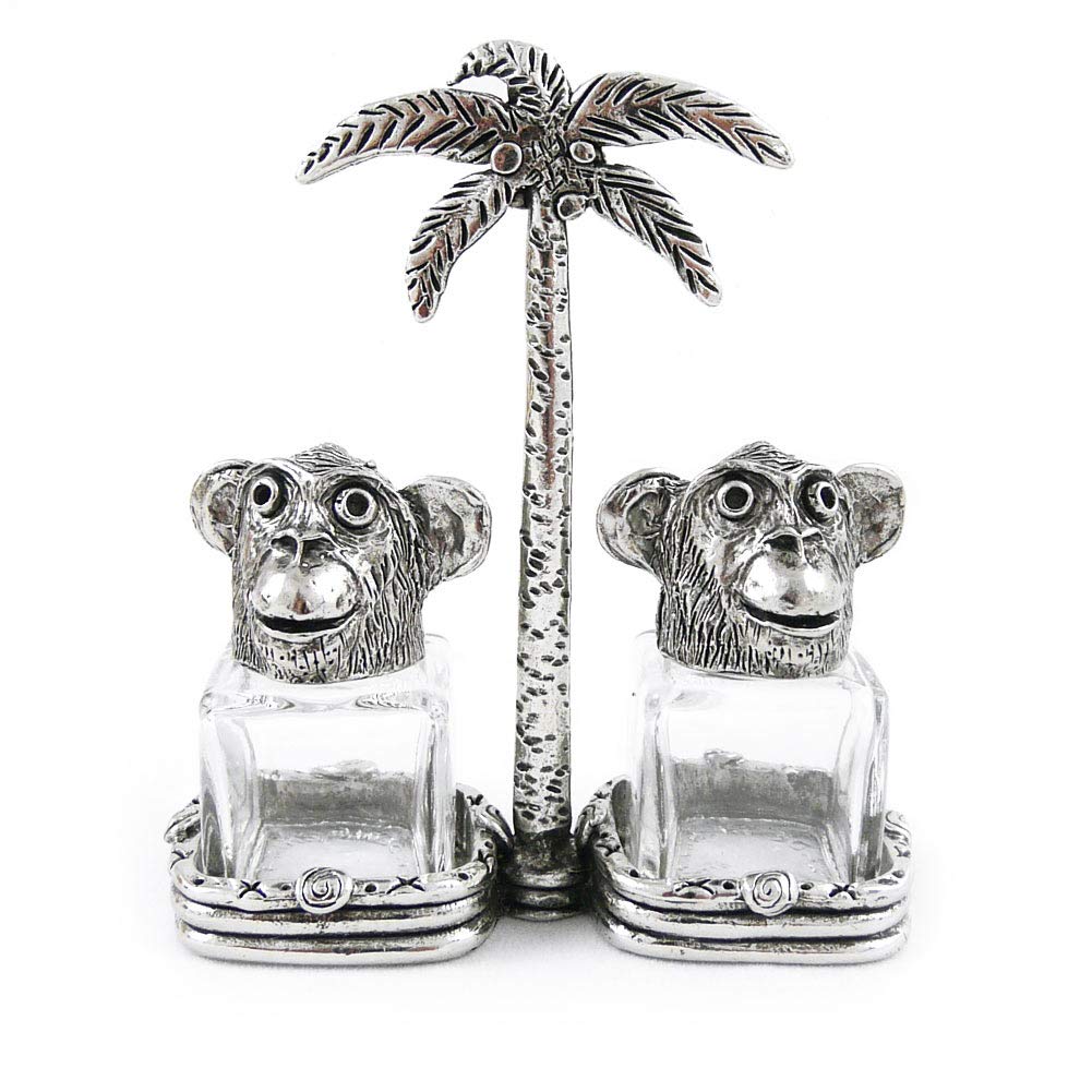 Vintage Monkey Pewter & Glass Salt and Pepper Shakers, Handcrafted in USA, Perfect for Kitchen & Dining Table Décor