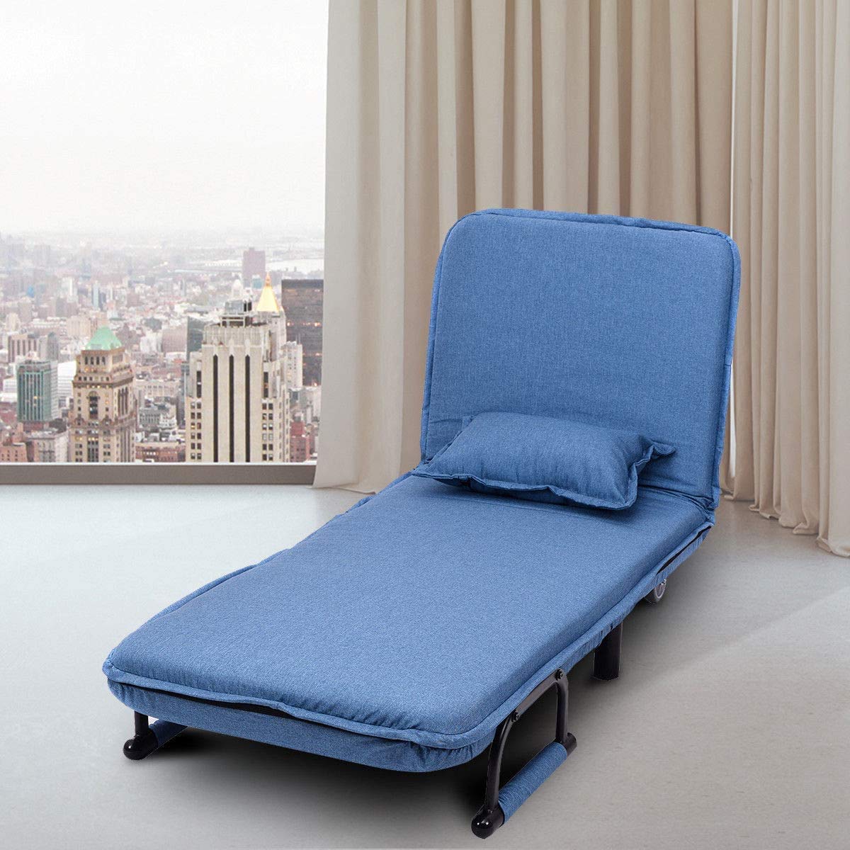 ReunionG Convertible Sleeper Sofa Chair Bed - 5-Position Adjustable Backrest with Pillow, Foldable Arm Lounge Couch for Living Room, Bedroom & Home Office | Perfect for Small Spaces, Guest Sleeping & Relaxing (Blue)