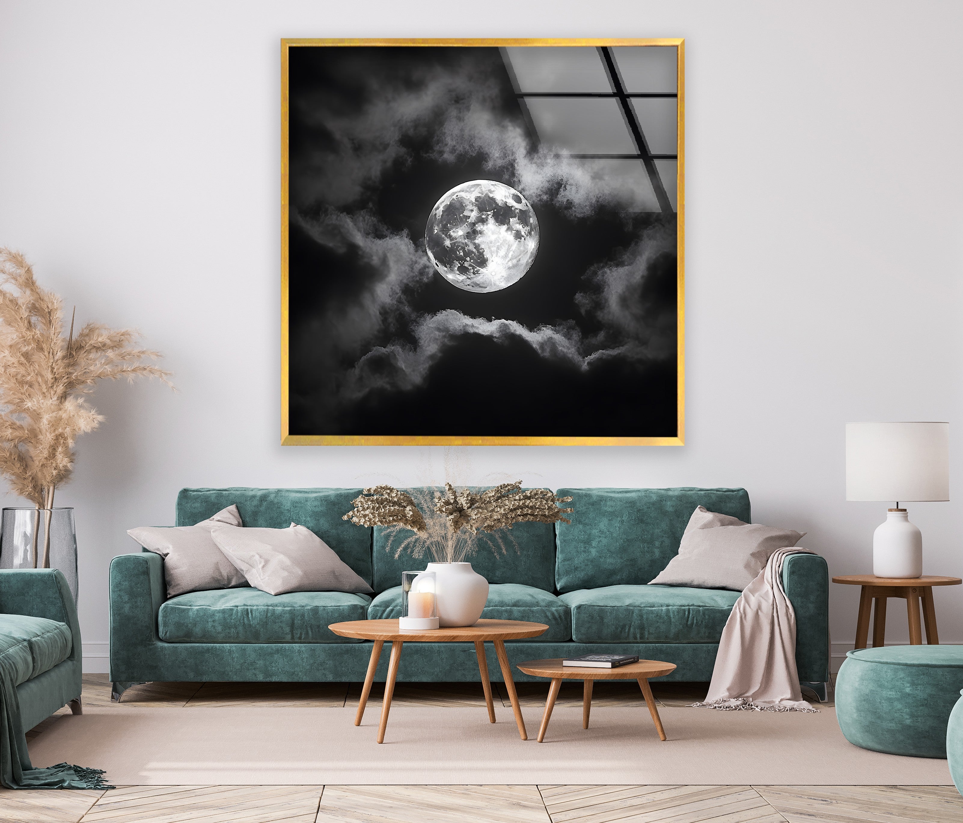 Black and White Moon Wall Art - Stunning Night Sky Scene Printed on Glass Canvas - Perfect for Living Room, Bedroom & Office Decor