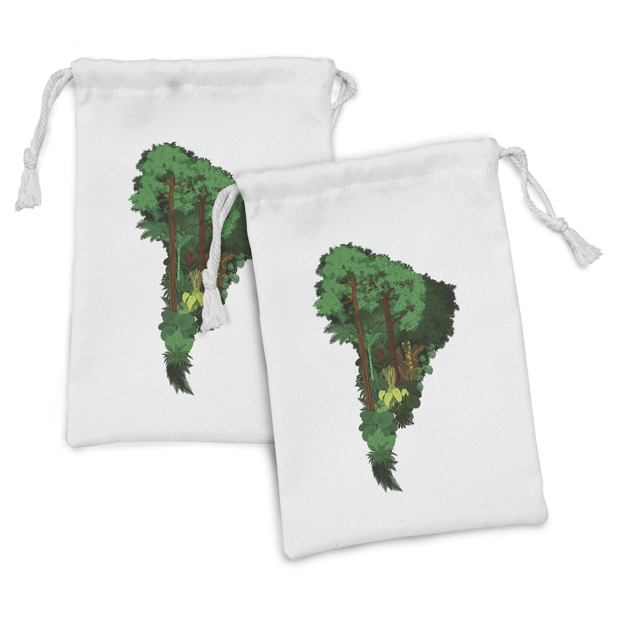 Ambesonne 2-Pack South America Fabric Pouch Set - Botanical Continent Map with Jungle Trees & Flora - 9