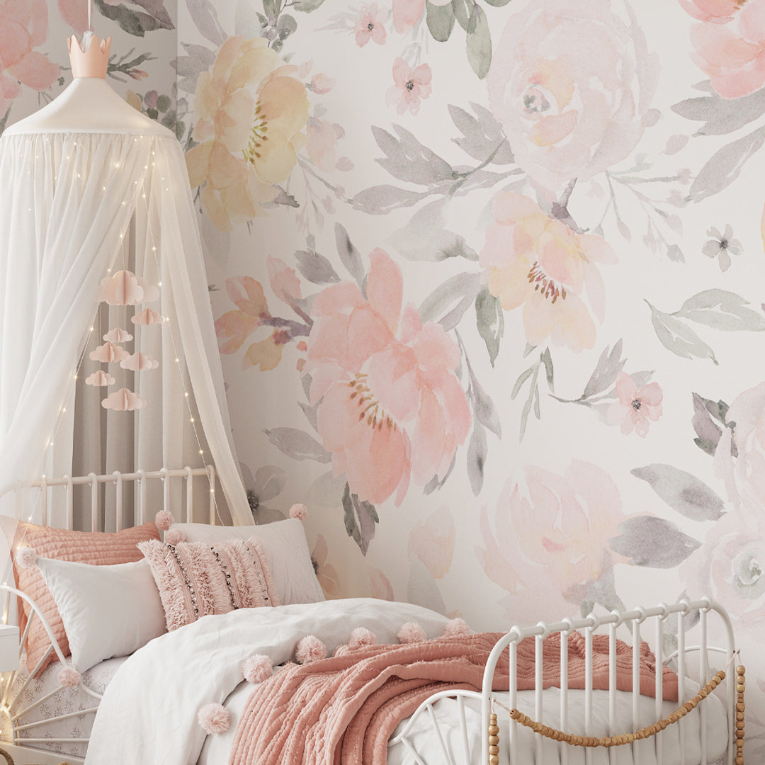 Pink & Yellow Flowers Wall Mural WM003 - Floral Peel and Stick Wallpaper for Bedroom, Living Room, Nursery Decor