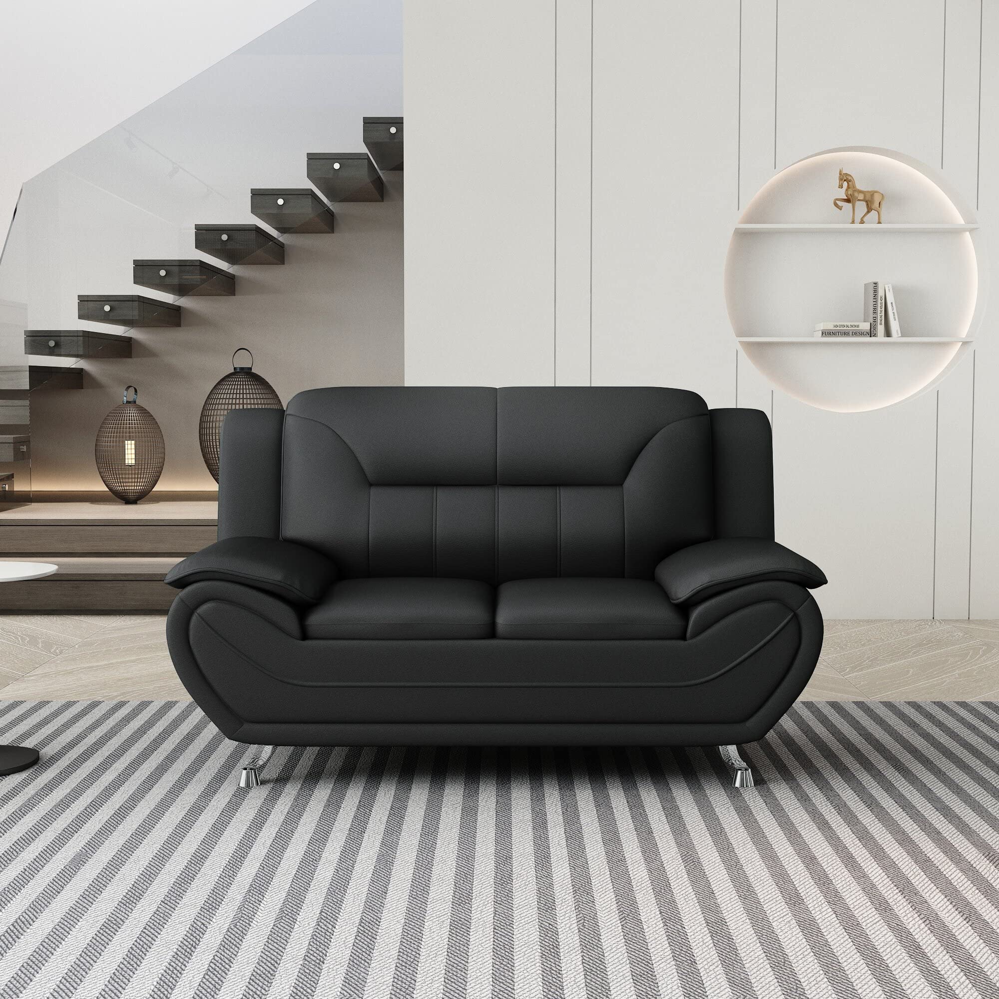 Michael Modern Faux Leather Loveseat with Stainless Steel Legs - Midnight Black | Comfortable Small Sofa for Living Room, Apartment & Office Waiting Area