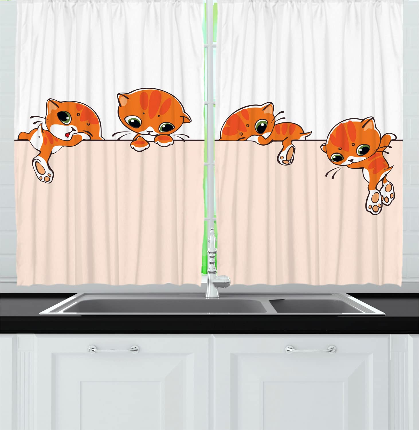 Ambesonne Cat Themed Kitchen Curtains - Cute Kitties Jumping Over Walls Design, 2 Panel Rod Pocket Drapes, 55