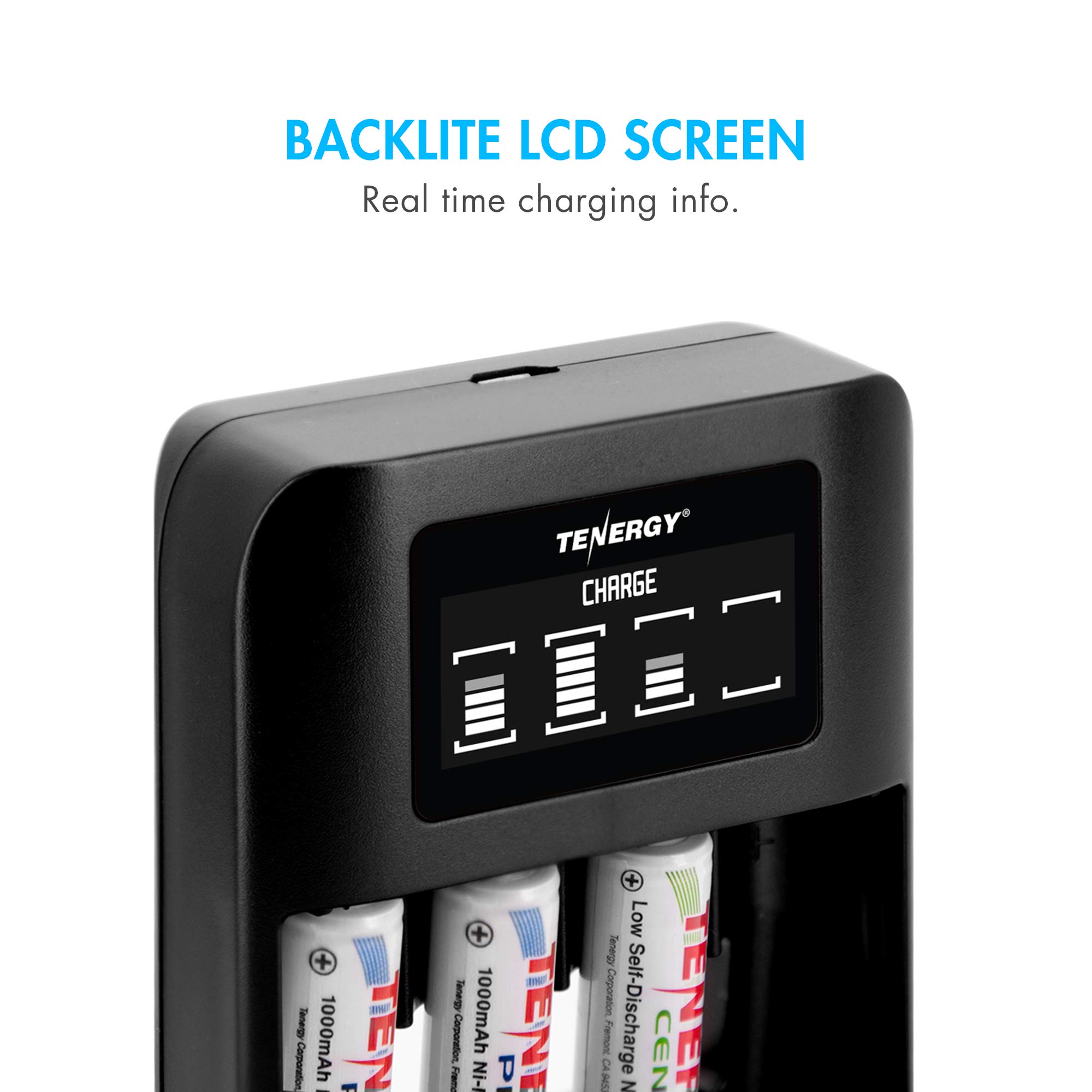 Tenergy TN474U 4-Bay LCD NiMH/NiCD Battery Charger with USB Input - Fast Charging for AA/AAA Rechargeable Batteries - Perfect for Cameras, Game Controllers & Electronics