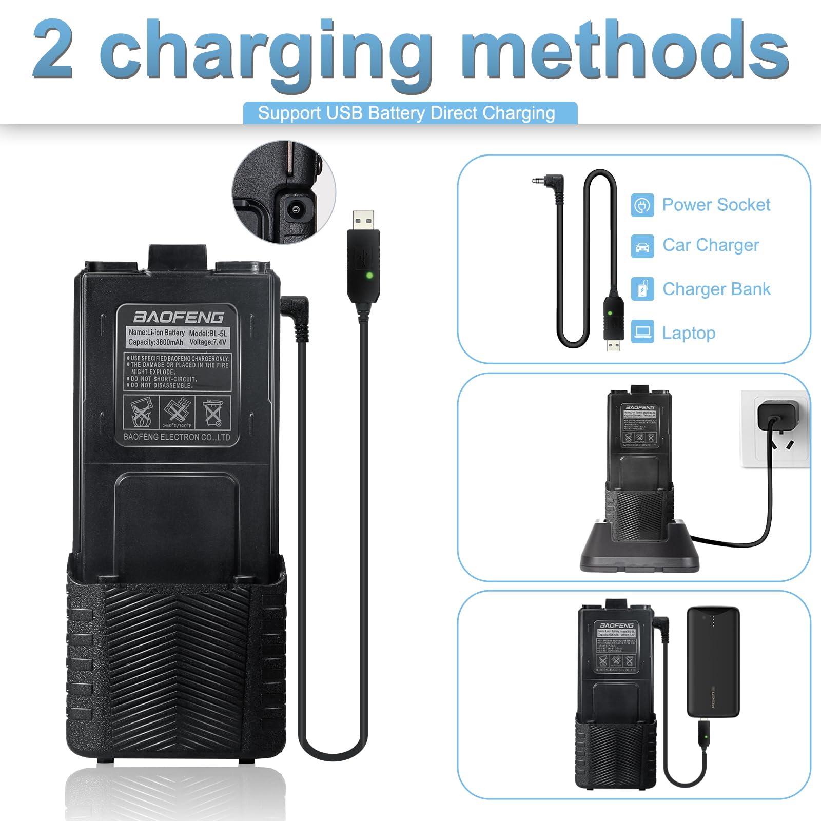 BAOFENG UV-5R 8W Dual Band Ham Radio Handheld Two Way Walkie Talkie - Long Range Emergency Communication Radio with 3800mAh USB Rechargeable Battery (2 Pack) for Outdoor Adventures, Survival Gear & Emergency Preparedness