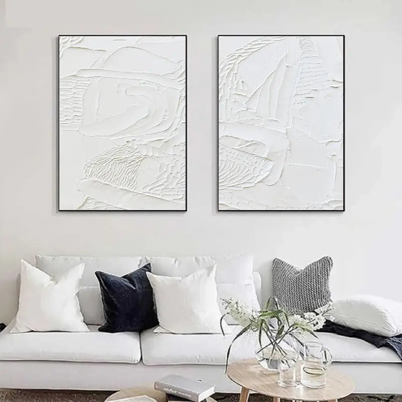 Minimalist White Textured Canvas Paintings - Set of 2 Abstract Wall Art for Living Room & Bedroom Decor #MM045