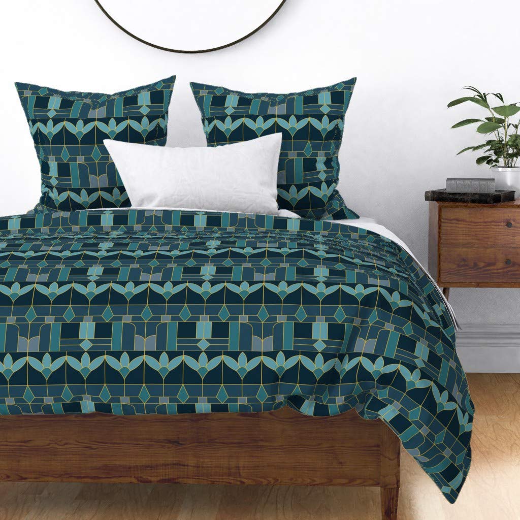 Premium Cotton Sateen Duvet Cover King/California King Size - Art Deco Stained Glass Design with Jade, Gold & Aqua Geometric Floral Retro Pattern | Luxury Bedding Set for Master Bedroom, Guest Room & Hotel Decor