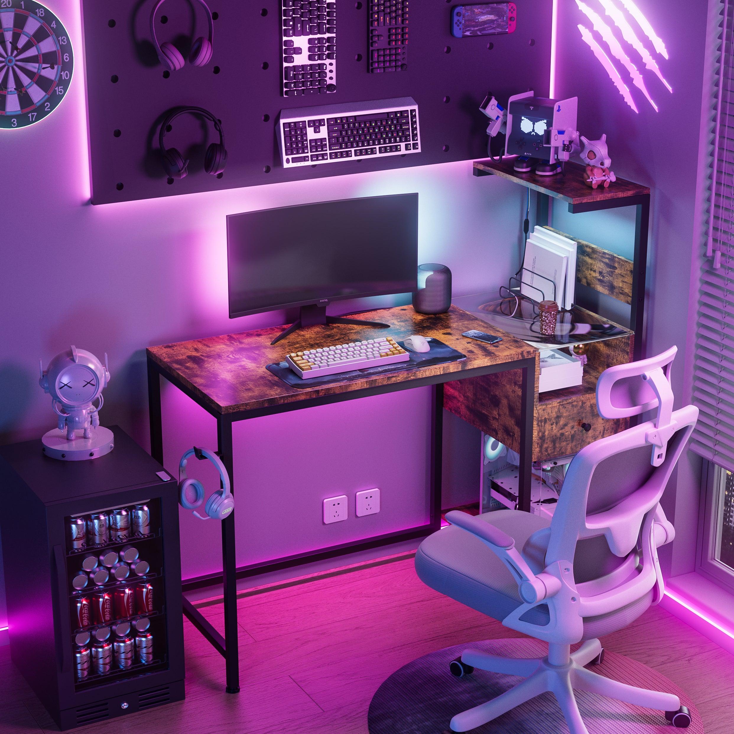 Ergonomic Computer Desk with Built-in Power Outlet & USB Charging Station | Home Office Desk with Storage Shelves | Study Writing Workstation for Small Spaces (Brown) - Perfect for Remote Work, Gaming Setup & Online Learning