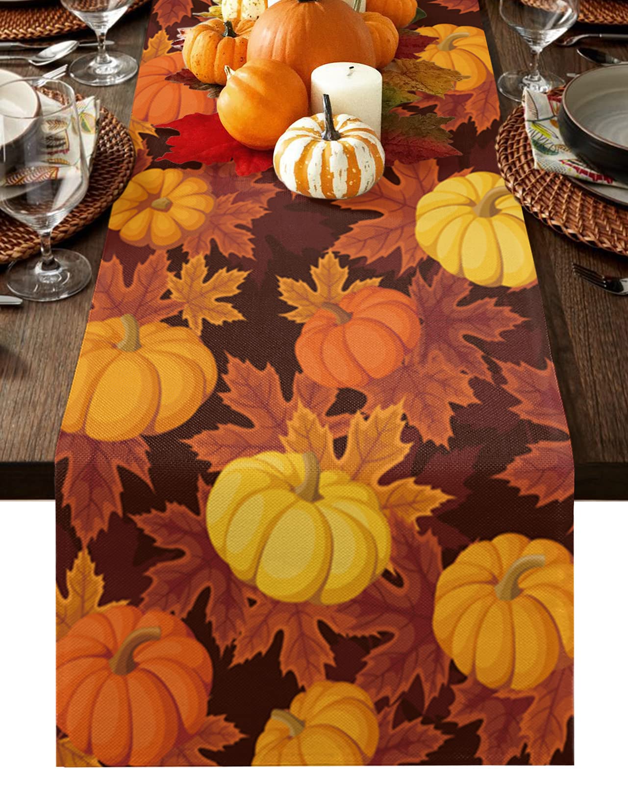 36 Inch Burlap Linen Table Runner - Farmhouse Autumn Decor for Thanksgiving, Fall Weddings & Banquets | Pumpkin Maple Design for Dining Tables, Coffee Tables & Dressers | Rustic Home & Kitchen Decor